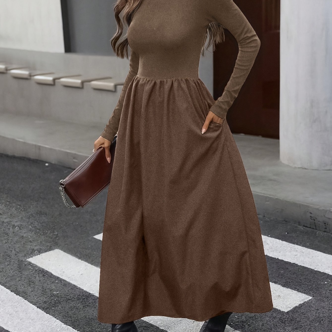 TEMU Women's Waist And Design Round Neck Long Sleeve Elegant Easy Style Dress