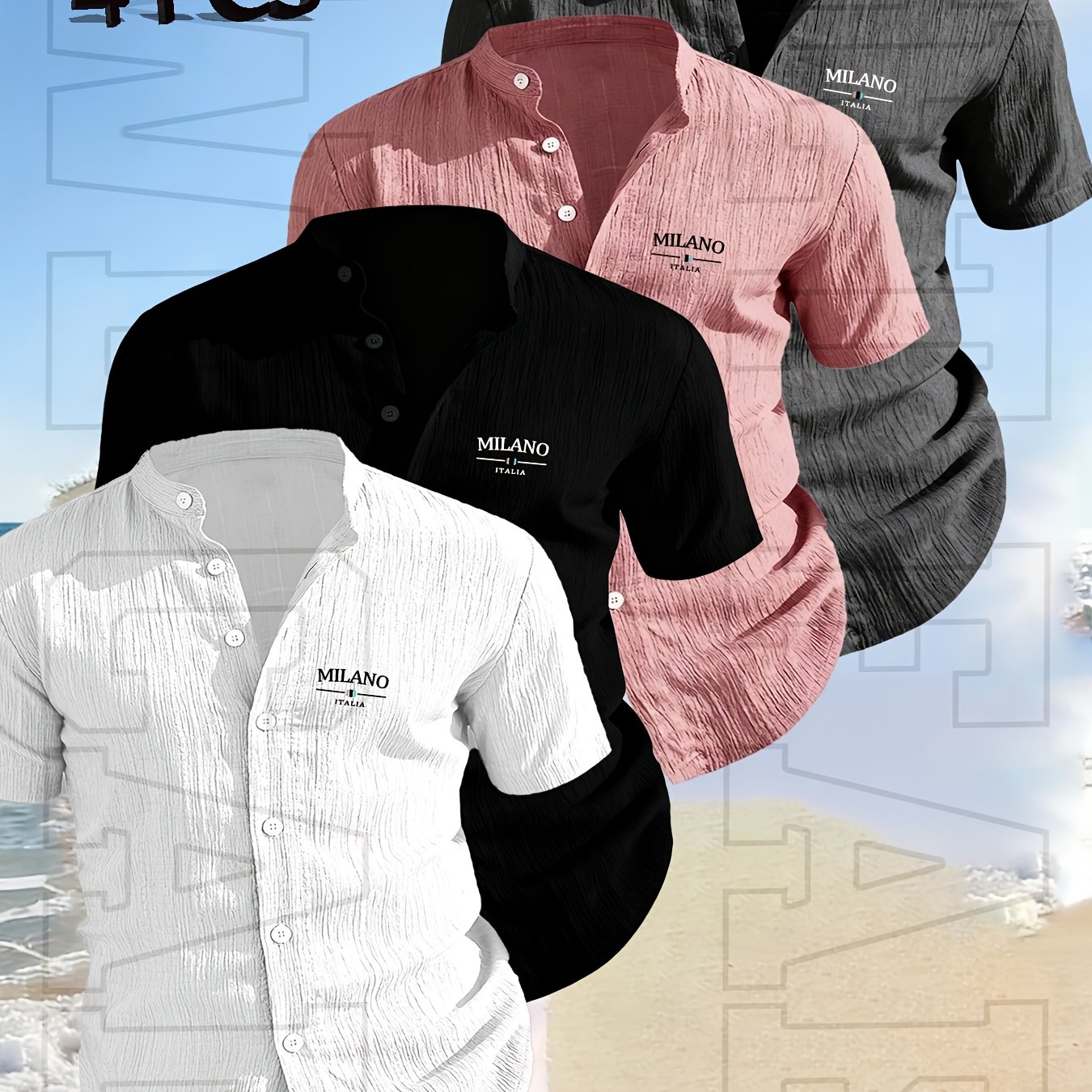 TEMU 4pcs Rose Obm Men's 4pcs Short-sleeve Button-up Shirts - Lightweight Breathable Stand Collar Solid Color Button-front Suitable For Beach