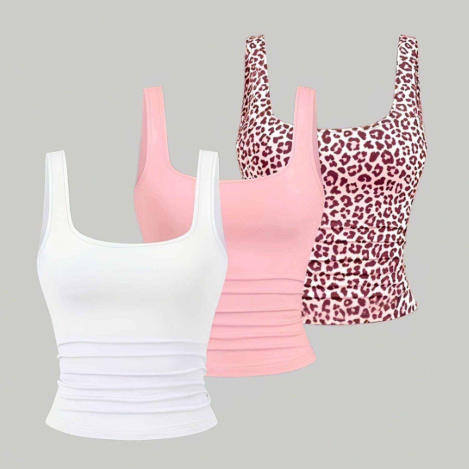 TEMU 3pcs Set: Simple, Stylish, And Elegant Vacation Wear - Solid Color Bodycon Short Leopard Print Print Breathable Round Neck/low Neck Tank Top -