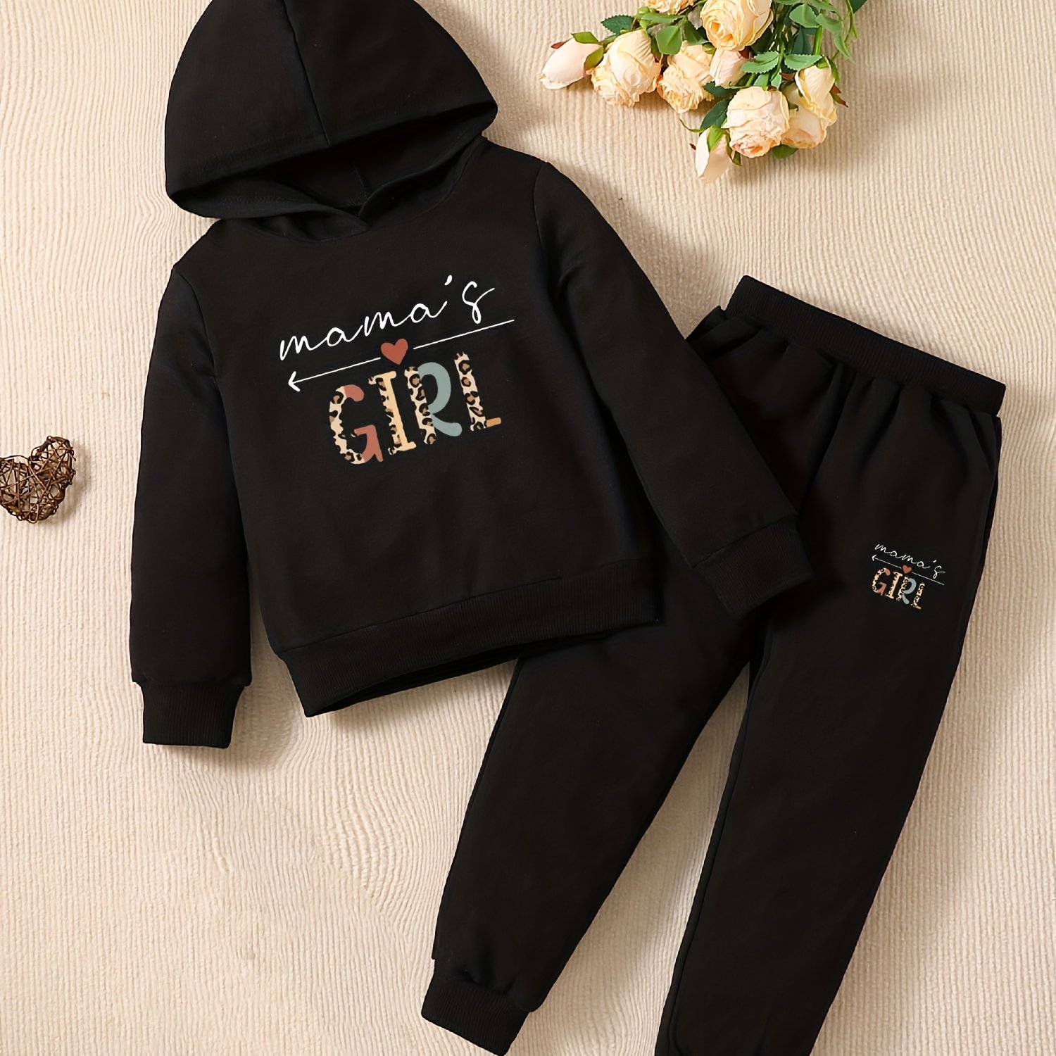 TEMU Girls' Fashion Long Sleeve Hooded Sweatshirt Two-piece Set Girls' Fashion Cartoon Leopard Print 's Girl Letter Pullover Suit Set, For Outdoor