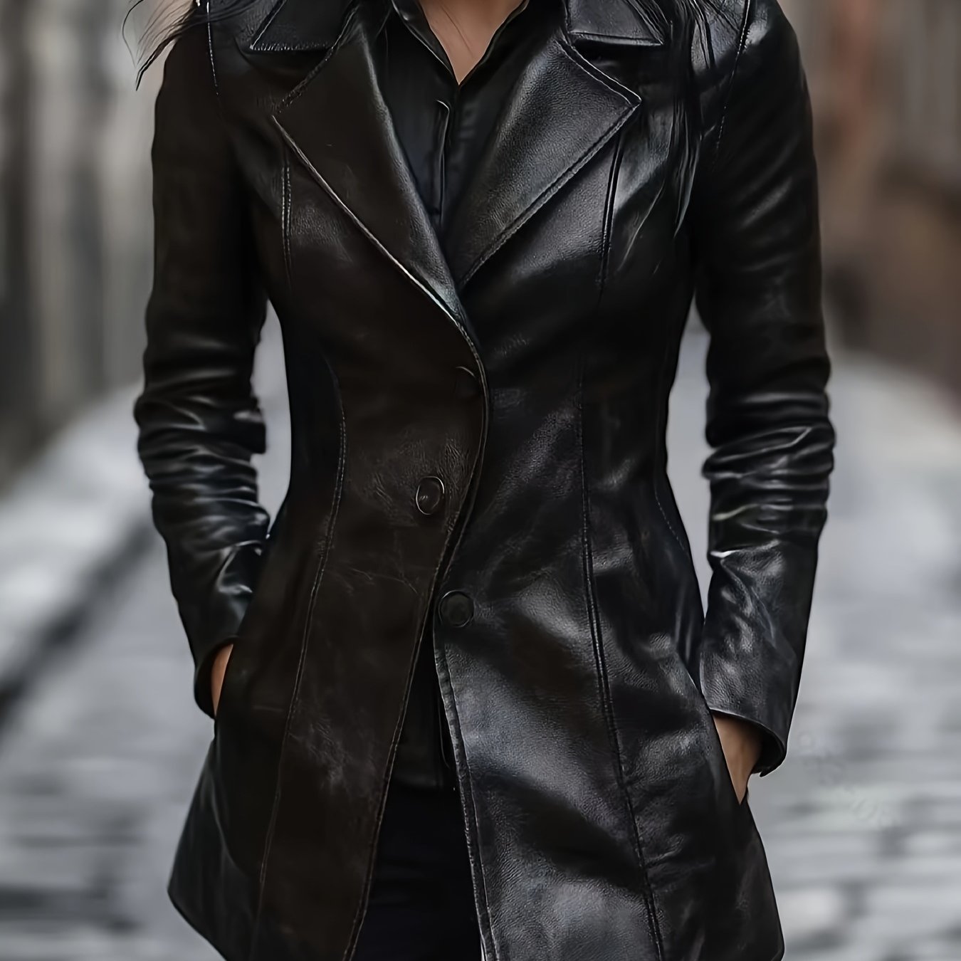 Women's Button- Fashion Jacket, Pu Leather Blazer With Lapel, Top, Slim Fit Coat, New Women's Clothing