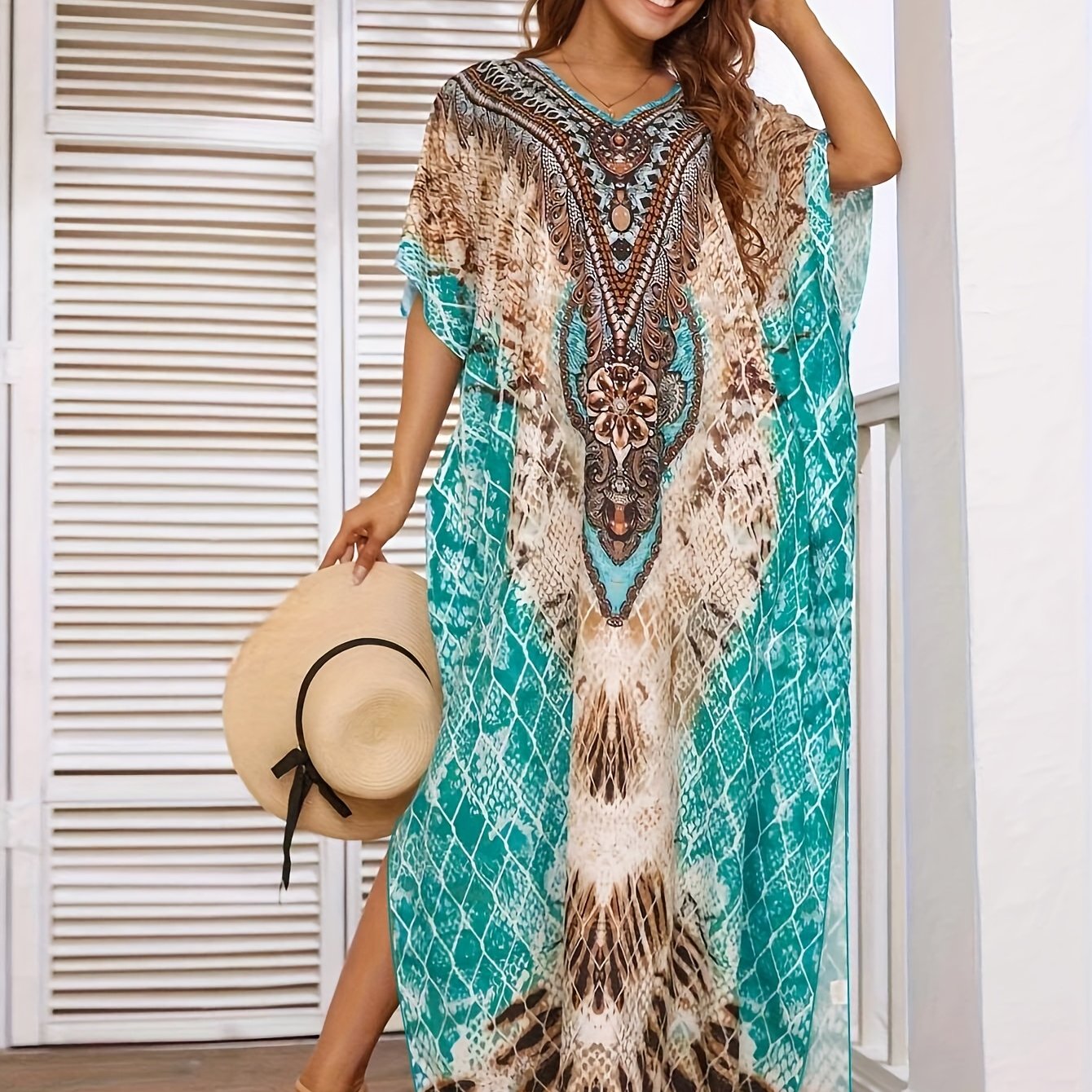 Image of 26ss Women's Bohemian -up Dress, V Neck Long Slit Hem Pullover Loose Beach Robe For Holiday And Casual