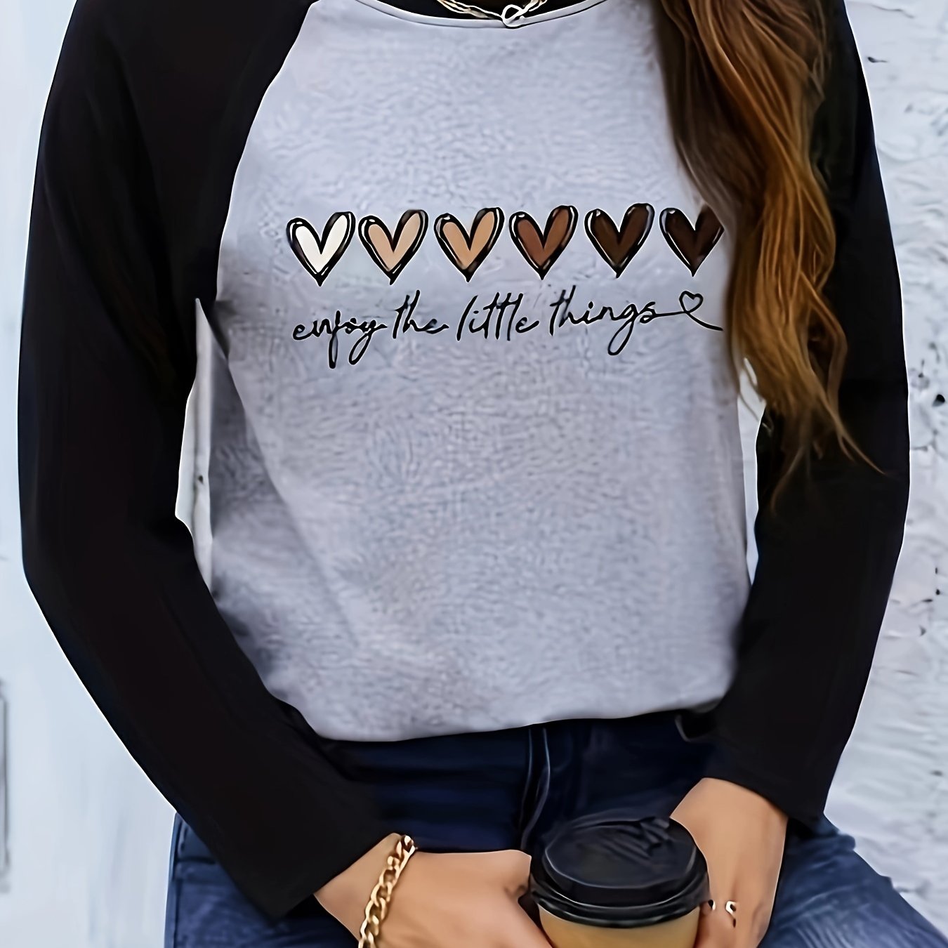 TEMU Heart T-shirt, Elegant Long Sleeve Top For Spring & Fall, Women's Clothing