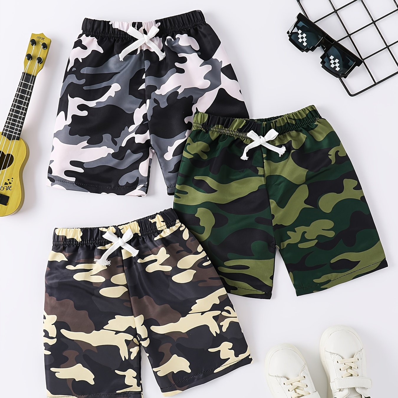 Boys' Fashion Summer Casual Drawstring Camouflage Shorts 3pcs Set, For Outdoor