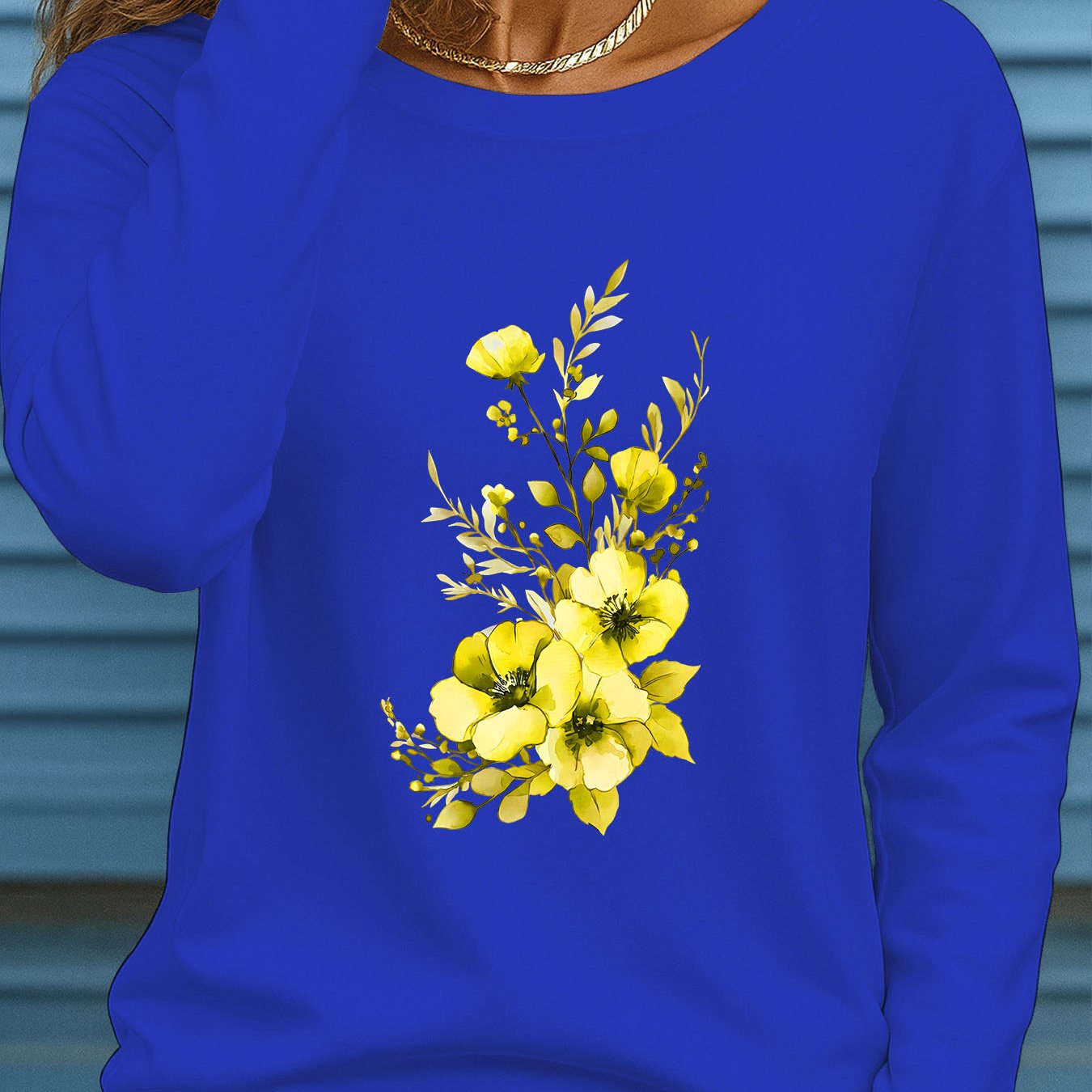 TEMU Women's Plus Size Oversized Yellow Watercolor Floral T-shirt - Crew Neck Long Sleeve -compatible Top Suitable For Fall/winter Layering, Machine