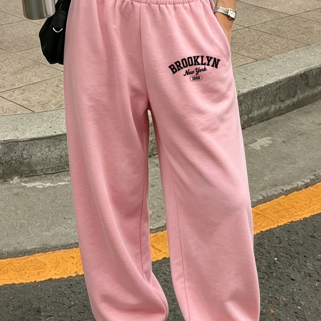 TEMU Brooklyn Brooklyn Letter Jogger Pants - Vintage Sweatpants With Elastic Waist & Tapered Tapered, Pocketed Loose-fit Streetwear Commuter Pants