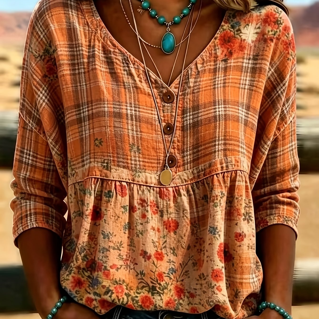 TEMU Women's Floral Spliced V Neck 3/4 Sleeve Babydoll Blouse, Casual Loose Henley Tunic Top, Lightweight Vintage Daily Shirt