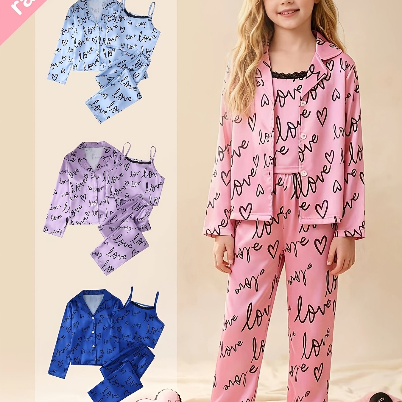 TEMU Random Delivery Of 1 Set: Big Kids' Girls' Heart "love" Letter Print 3pcs Pajama Set - Lapel Long-sleeve Cardigan Jacket   Lace Trim Camisole  