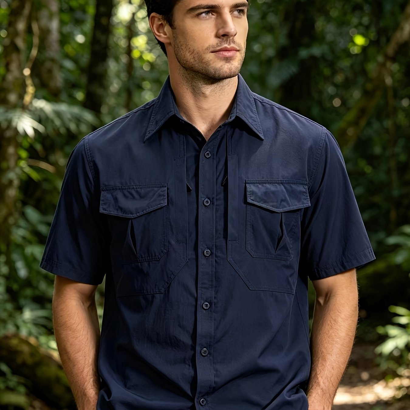 TEMU Men's Workwear Short-sleeve Shirt, Quick-drying And Breathable, Multi-pocket Casual Top, Dual-use For Outdoor Fishing/commuting