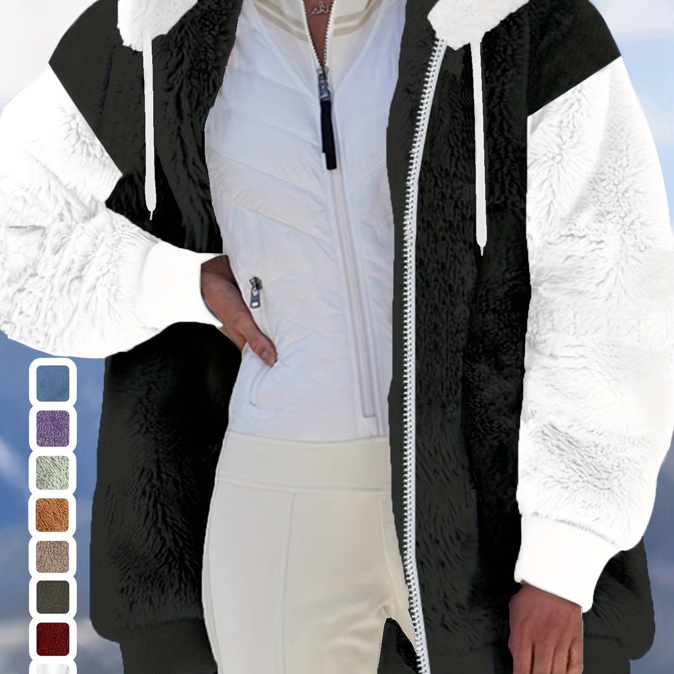 Women's Color Block Fleece Hooded Jacket Winter Warm Zip-up Plush Coat Casual Loose Fit Colorblock Outerwear With Pockets Soft Fluffy Jacket Multiple Colors