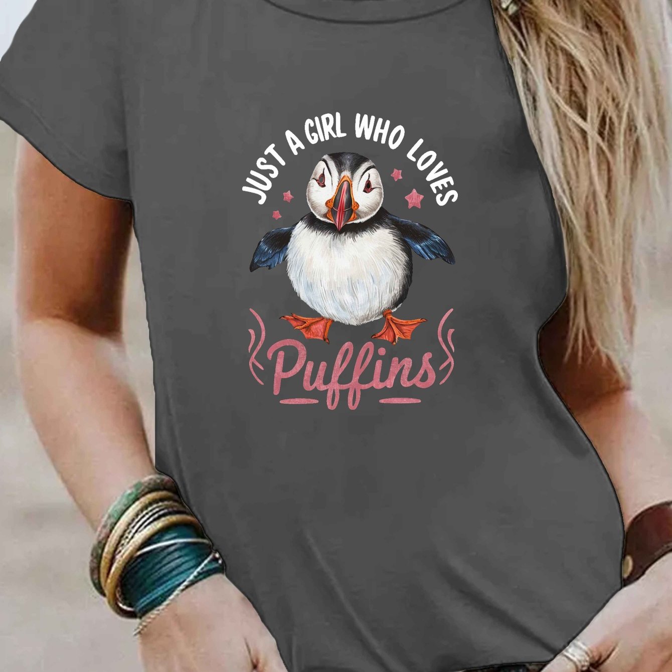 TEMU Women's "just A Who " Graphic T-shirt - Short Sleeve Crew Neck Casual Top With Vibrant Bird Print, Medium Stretch & Machine Washable, For Casual