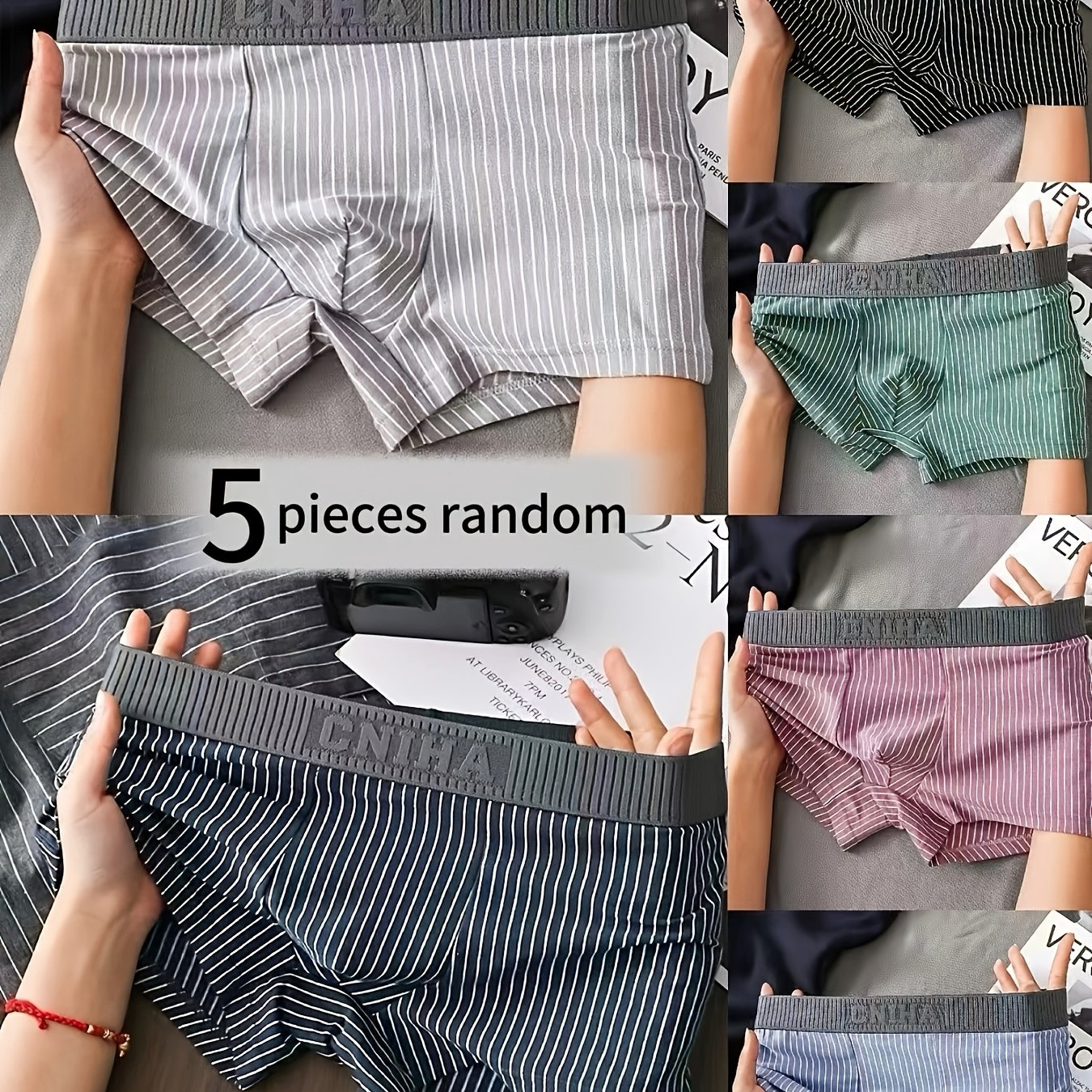 Random 5-pc Men' Boxer Briefs, Striped Design - Breathable And Comfortable - High-elastic Waistband
