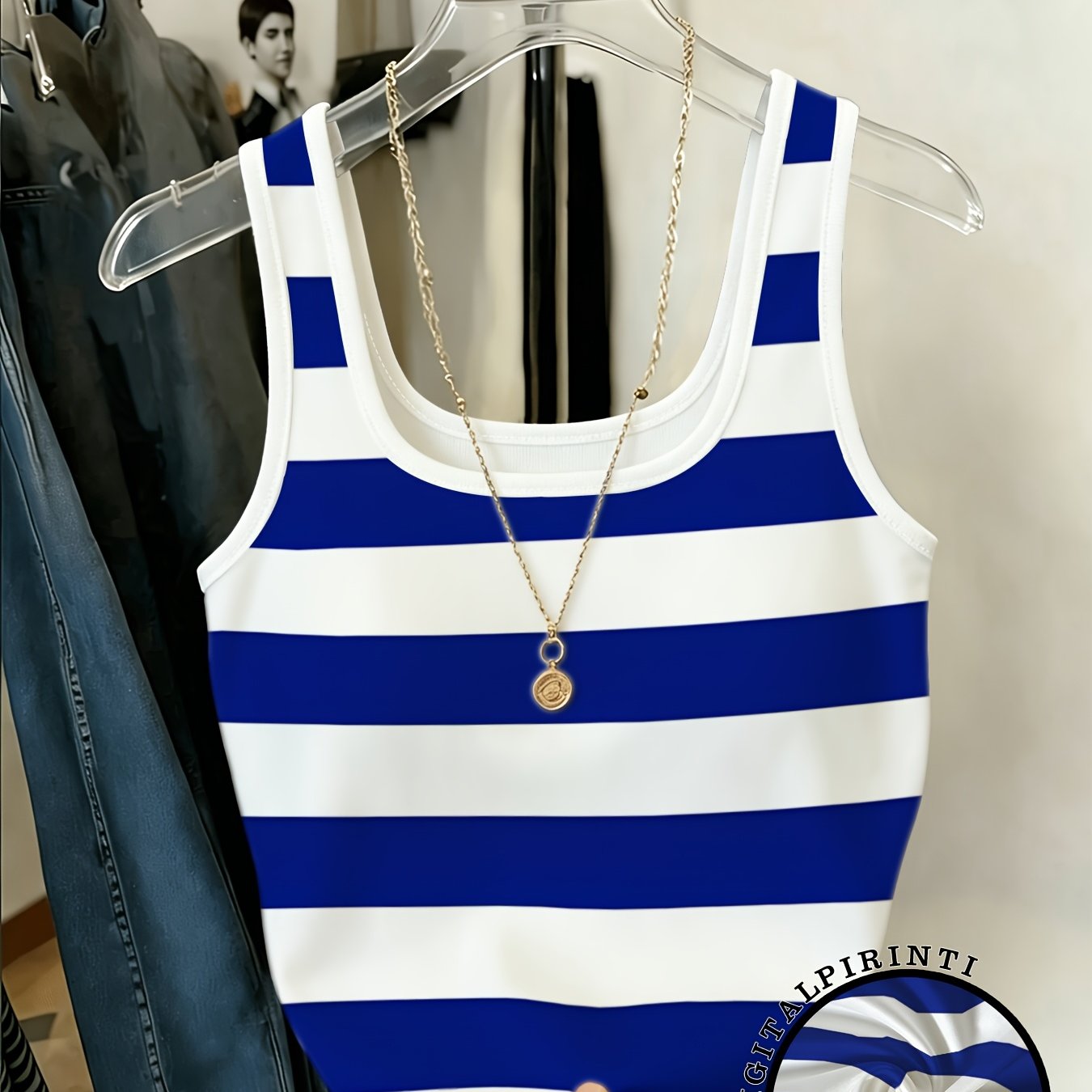 TEMU Royal Blue White Wide Stripes, Sexy Cami Top, Classic French Seaside Style, Easy , Top, Summer Outerwear Women's Clothing