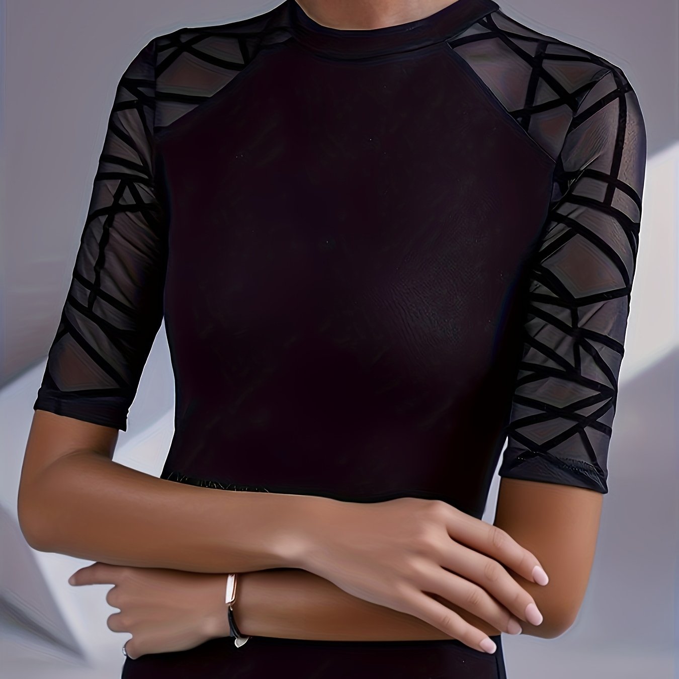 E-shop Damen Semi-Hochhals Mesh-Patchwork Fünfteiliger Ärmel T-Shirt Vielseitiges Workout Oberteil