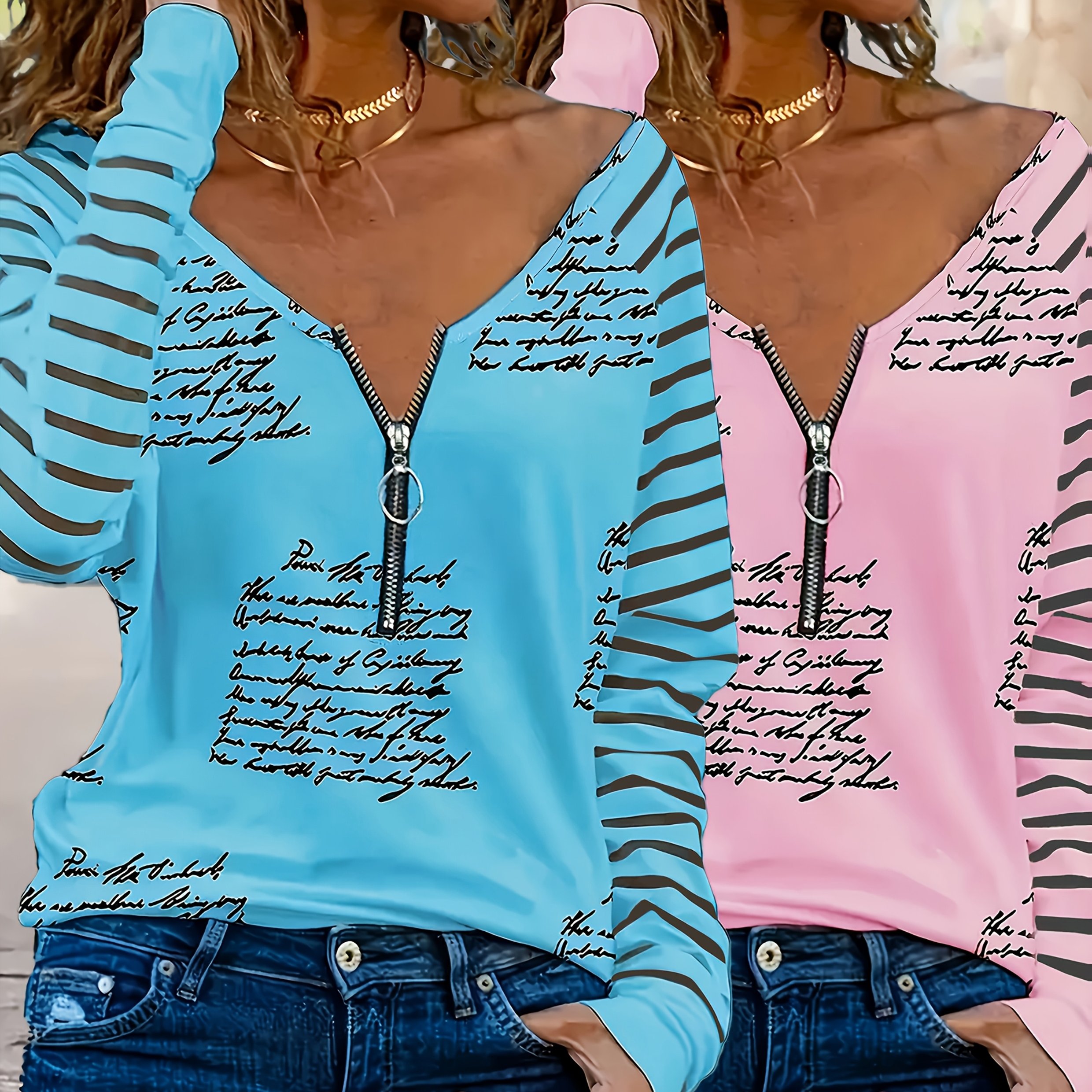 2pcs Women's Casual Loose-fit V-neck Zip-up Long Sleeve T-shirts With Random Print, Spring/autumn Base Layer Tops