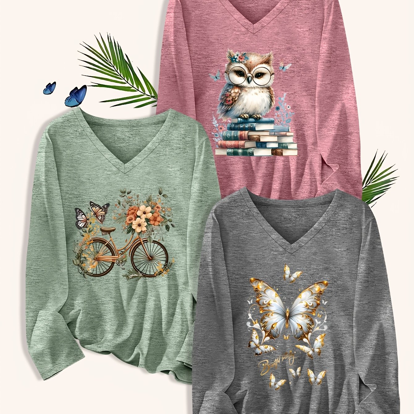 TEMU Plus Size, 3er-Set Damen V-Ausschnitt T-Shirts – Oversized Lockere Passform, Weiche Maschinenwaschbare T-Shirts mit Letter Print & V-Ausschnitt,