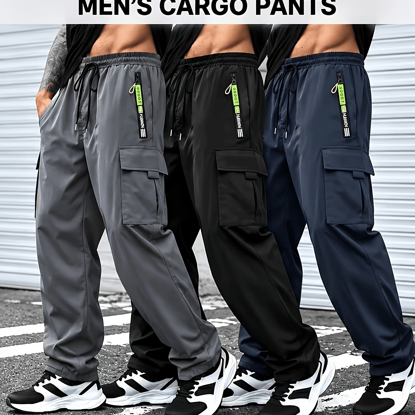 TEMU 3pcs Men's Casual Pants, Casual Sports Pants - Breathable And Comfortable, Black Drawstring Design, (includes Wristband), Adjustable Waist