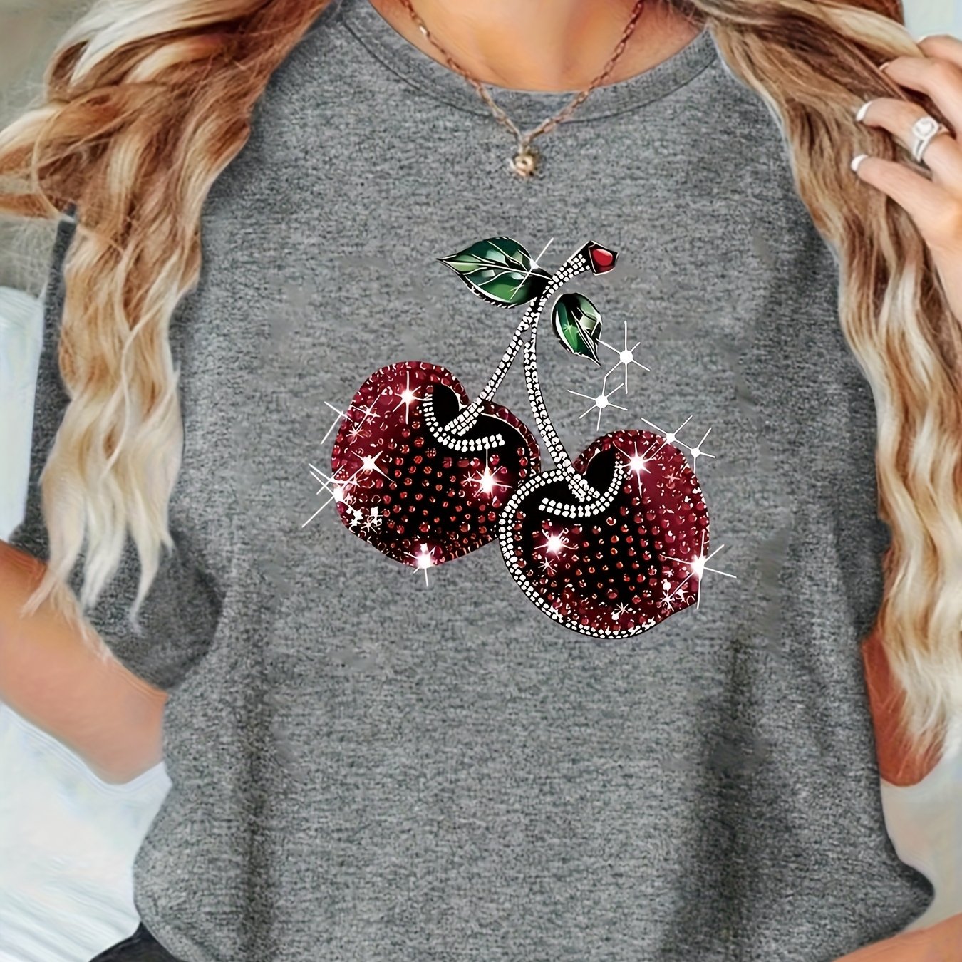 TEMU Women's Cherry Short Sleeve T-shirt - Soft, Breathable Polyester, Glittery Red Cherries Design, Loose Fit, , Sports & Leisure