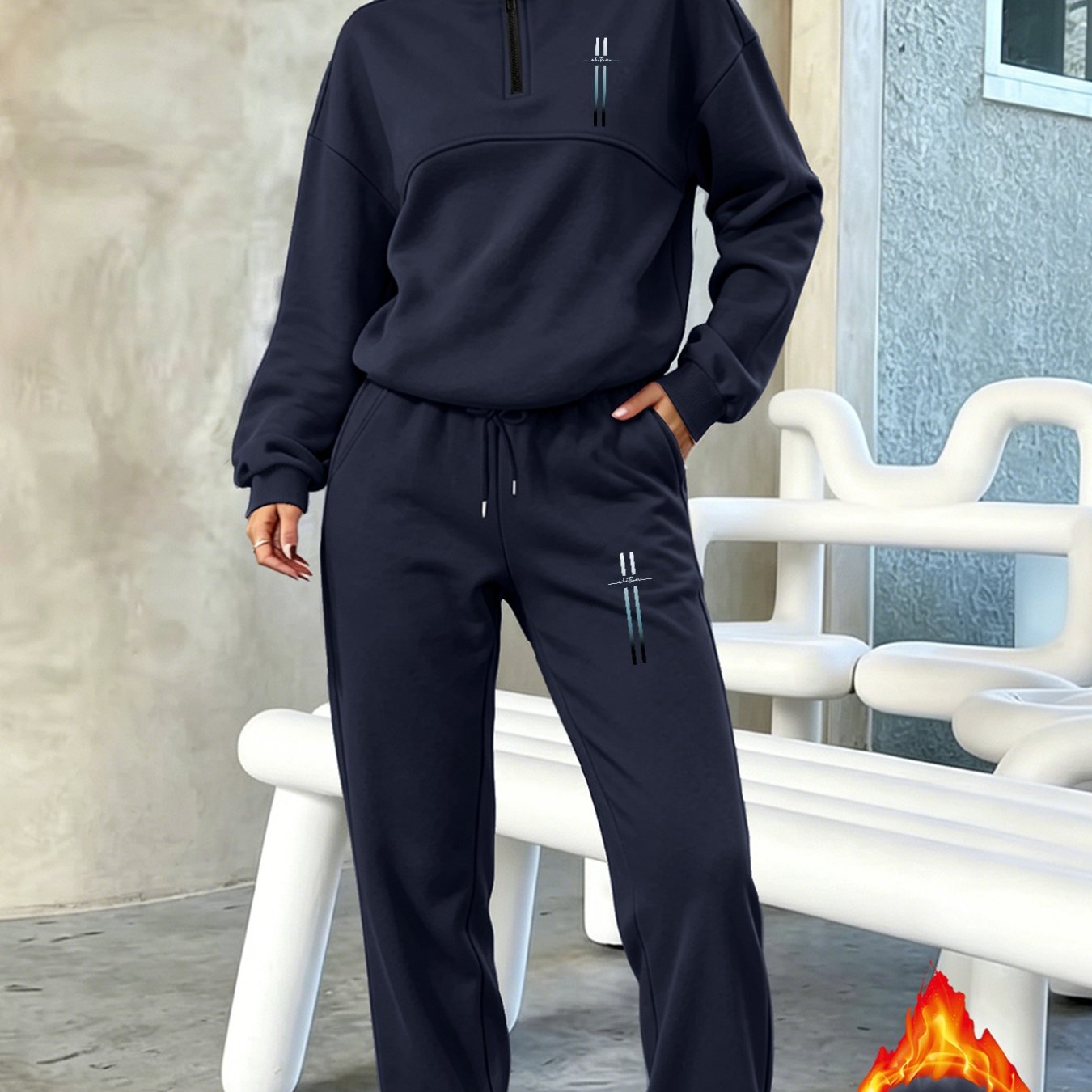 TEMU 2pcs Striped Gradient Slogan Print Women's Athletic Suit Half-zipper Sweatshirt Set Y2k Style Fashionable Autumn Winter Casual Fleece Collar