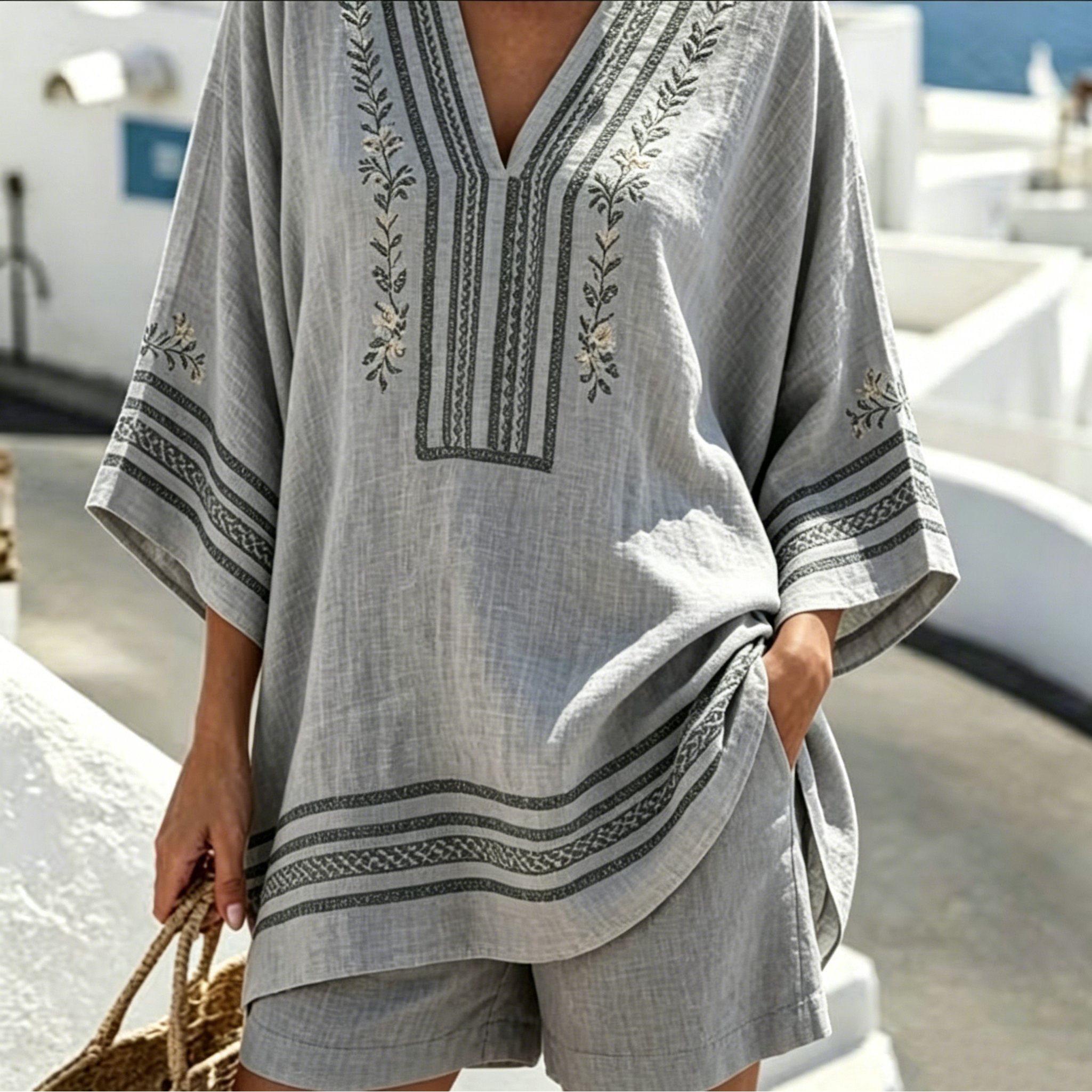 Plus Size New Summer Women's 2pcs Set, 2d Printed Design, 3/4 Sleeve& Shorts Matching Outfit. Bright Vibrant Colors, Lightweight Breathable Fabric, Loose Fit And Slim-flattering. And Outdoor Trips