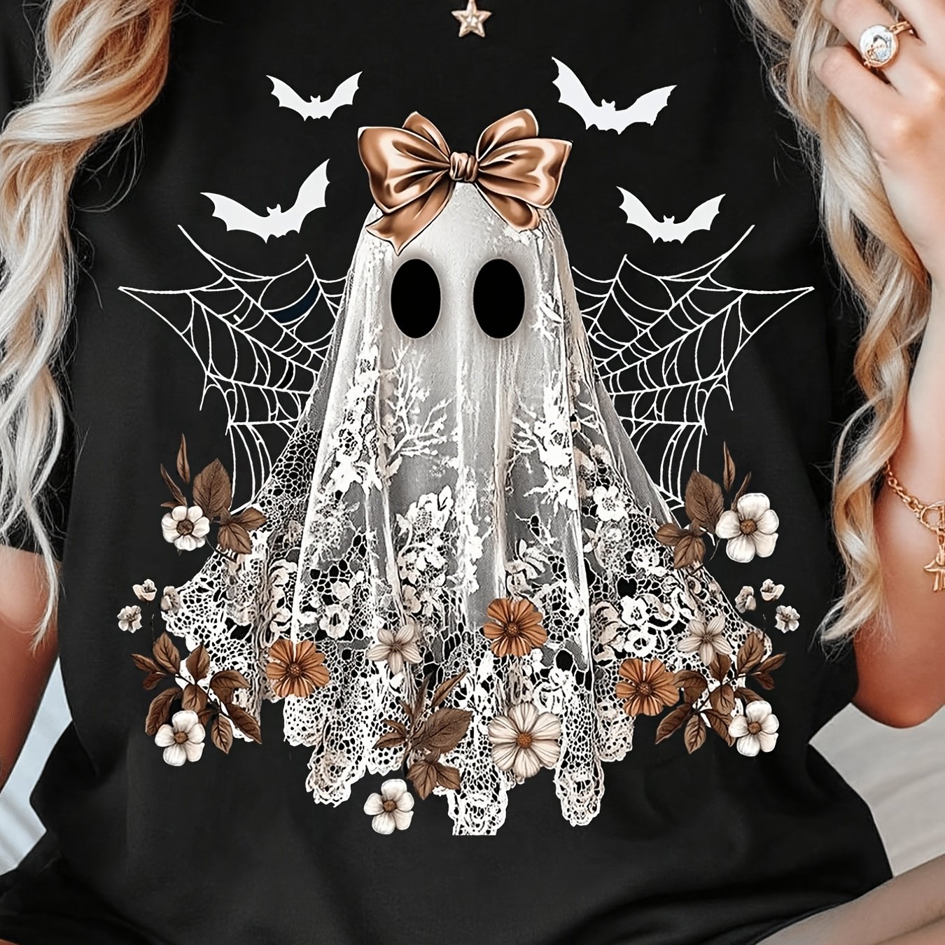 TEMU Plus Size - 1 Size Women's T-shirt 180g Pure Halloween T-shirt Halloween Gift With Bow And Flowers Comfortable Fashionable T-shirt Casual Round