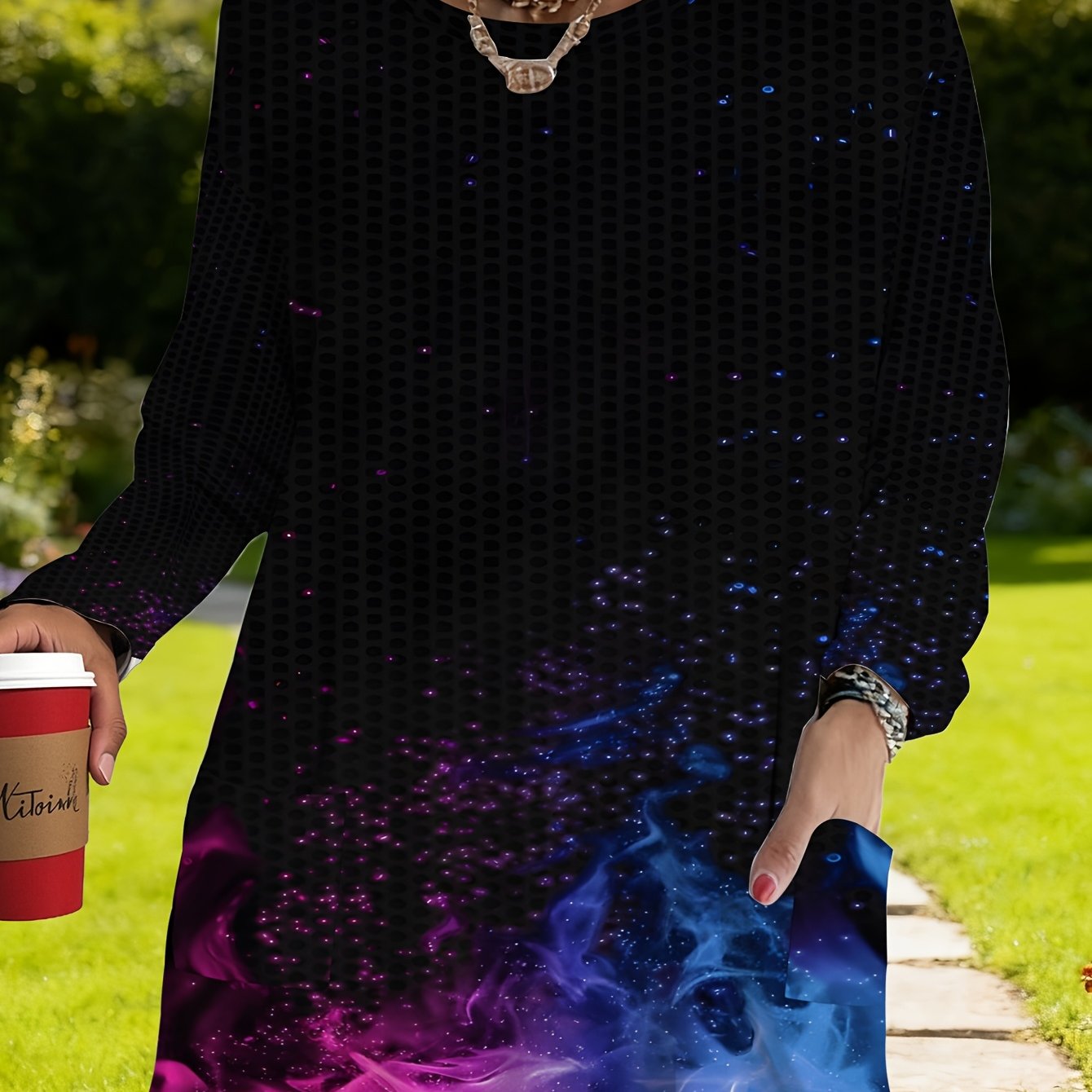 TEMU Women's Plus Size Starry Gradient Loose Long Sleeve T-shirt, Fashion Printed Top, Individual Trendy Daily Wear Essential