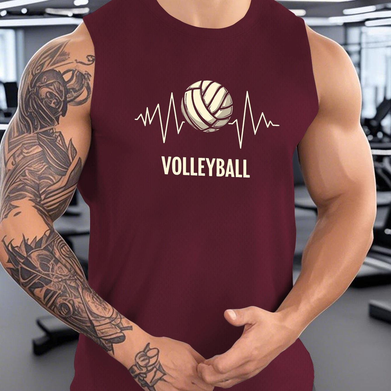 TEMU Men's Sleeveless Tank Top Featuring Volleyball Heartbeat , Casual Athletic Wear With Breathable