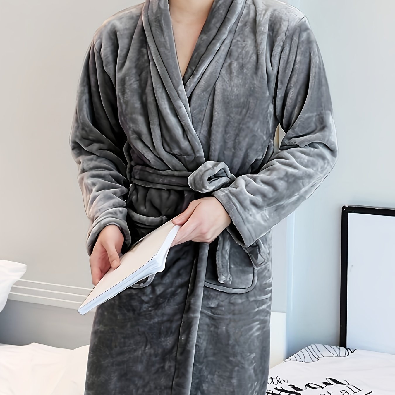 TEMU Luxurious Bathrobe - Thick, Warm Long Sleeve Loungewear With V-neck And Tie Belt - Solid Color, Machine Washable For Cozy Autumn/winter