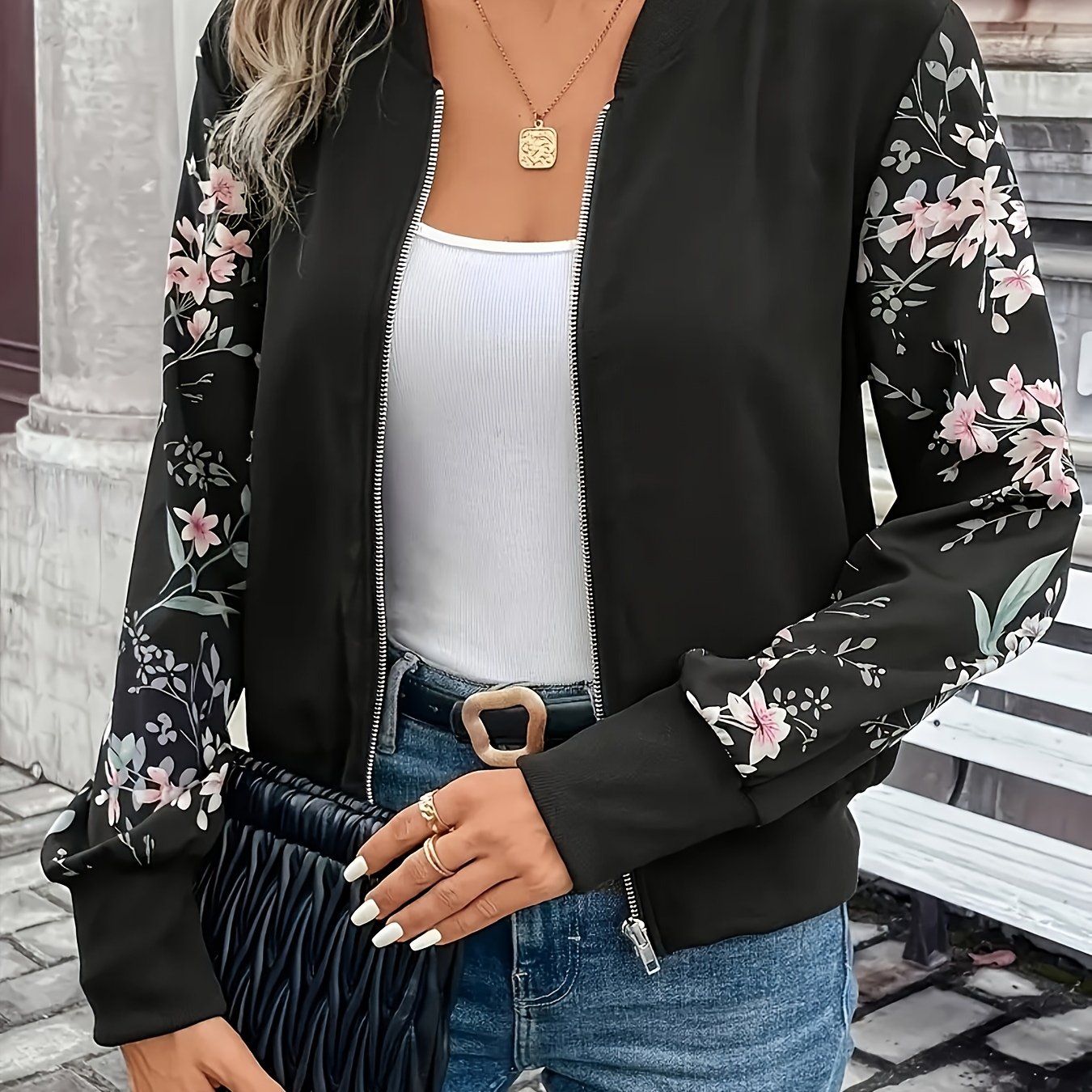 Plus Size, Women's Fashion Floral Print Zip-up Jacket