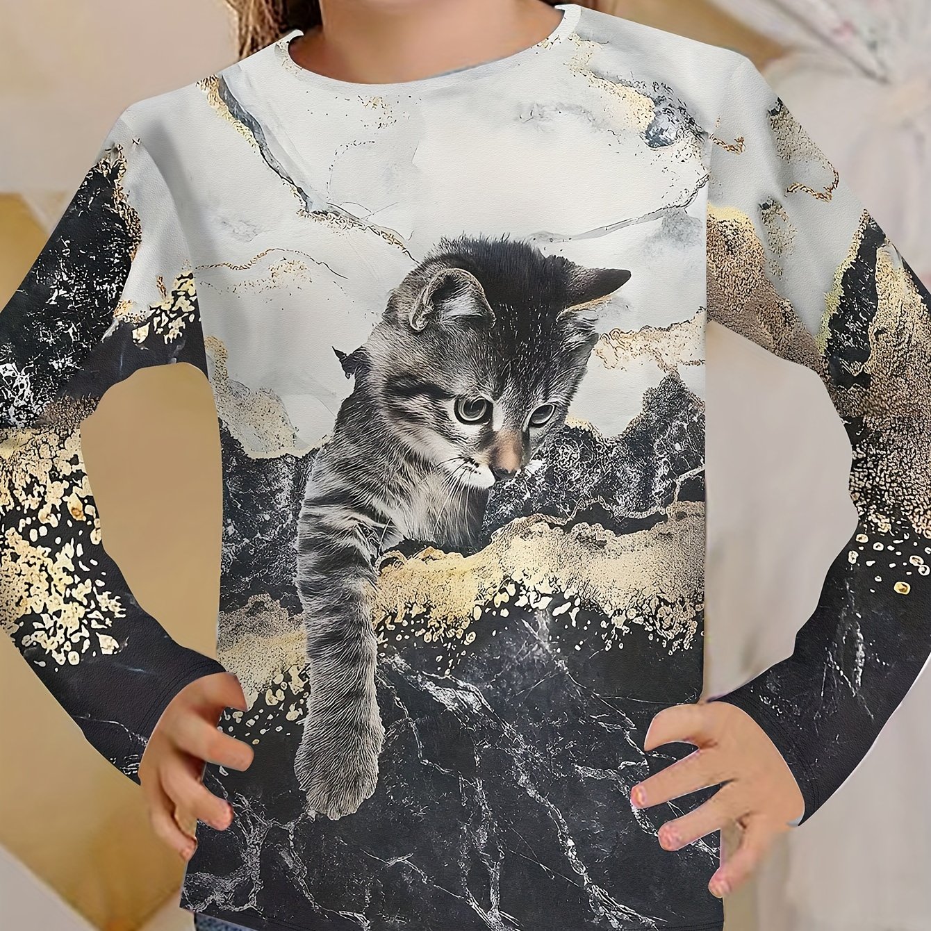 Girls Autumn Long Sleeve T-shirt Round Neck Animal Print T-shirt