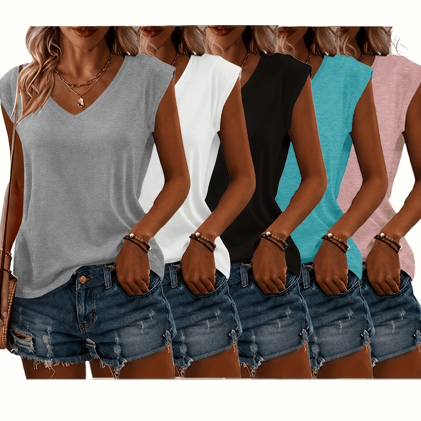 Image of 5pcs Set Of /summer Solid Color Unprinted V-neck Loose-fit Casual Base Layer T-shirts, Comfortable And Stylish - Suitable For Daily Wear And Lounging At Home During Spring And Summer