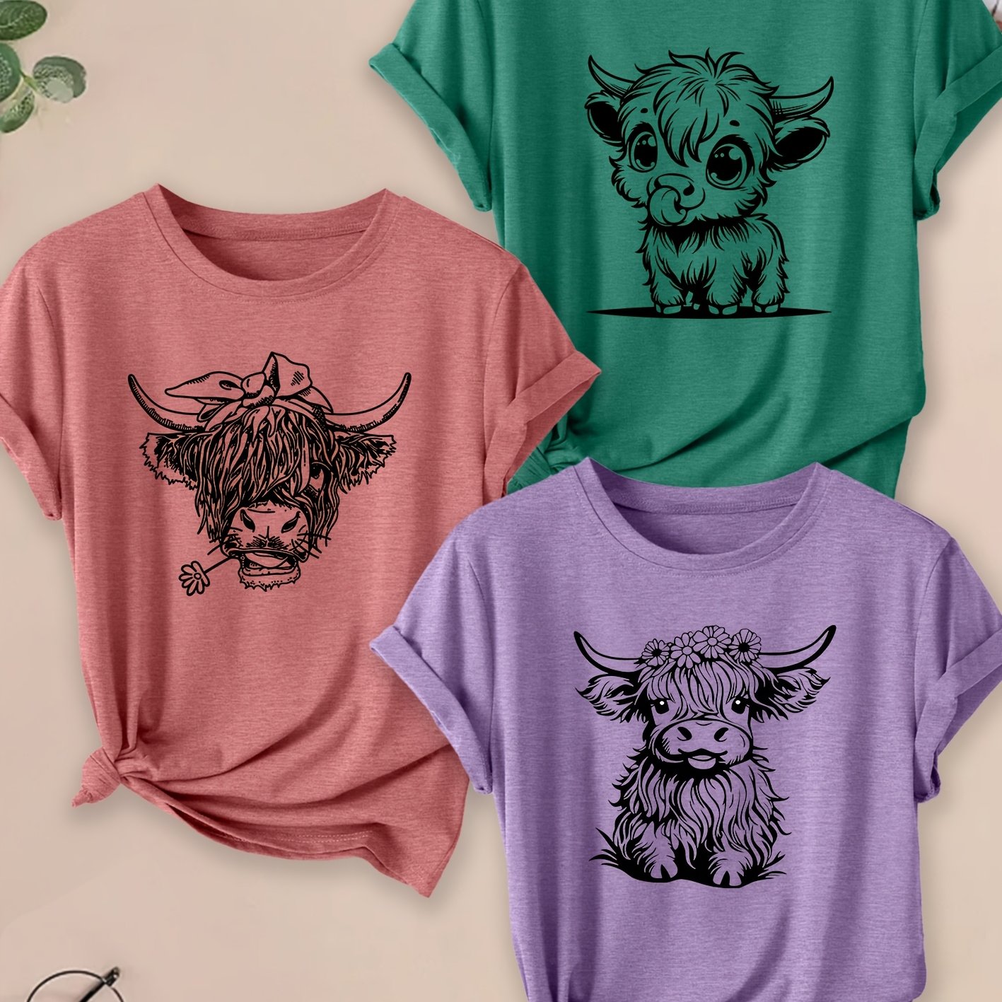 TEMU Summer Women's Pretty Short-sleeve 3pcs Holiday Clothing Set, Featuring A Chubby Highland Cow And A Highland Cow With A Bow, From Women's Gift