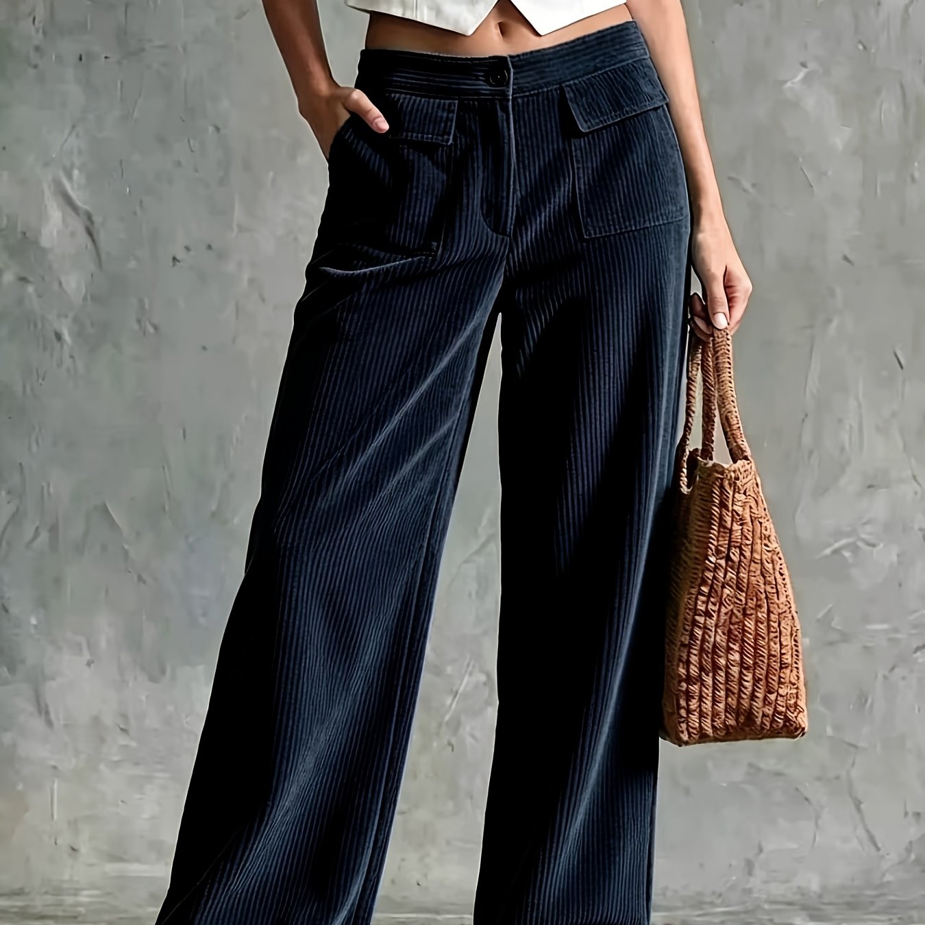 TEMU -2026 Autumn Winter Retro Corduroy Wide-leg Pants Women's Low-waist Double Pocket Straight Long Trousers, Casual Trousers