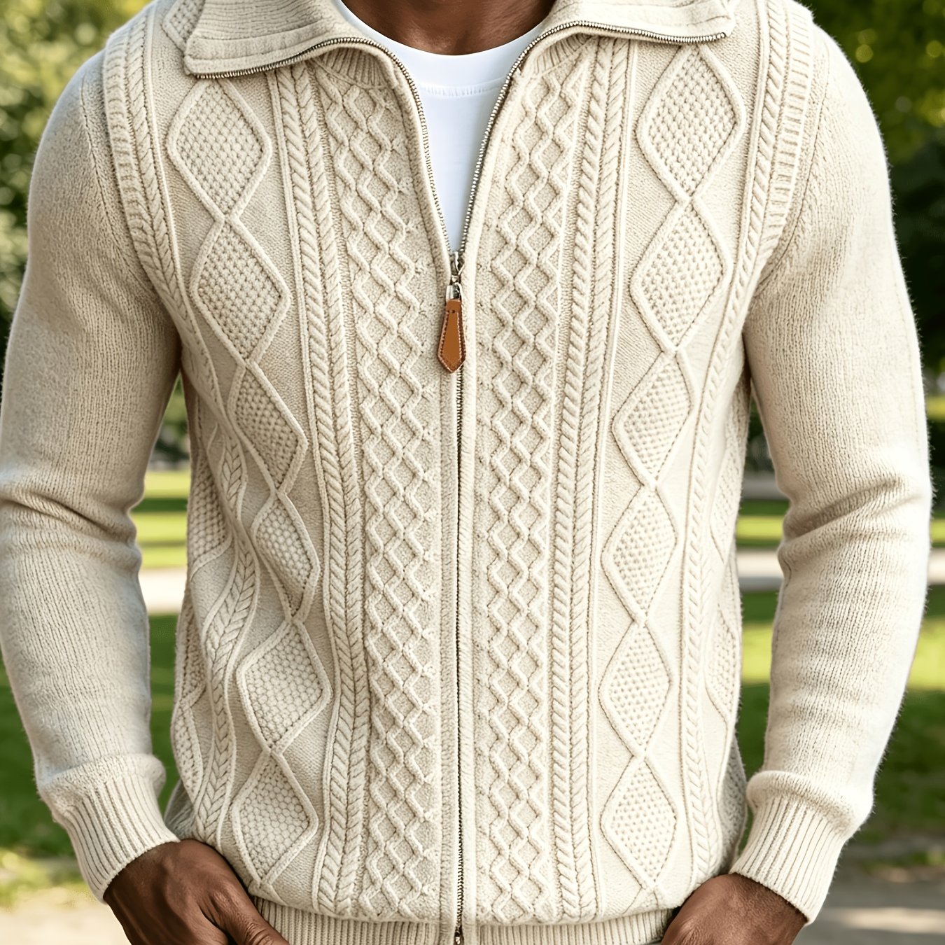 TEMU 2026 New Business Mature Casual Men's Lapel Full-zip Twisted Cable Knit Cardigan Sweater, Soft And Warm Textured Long-sleeve Knit Outerwear,
