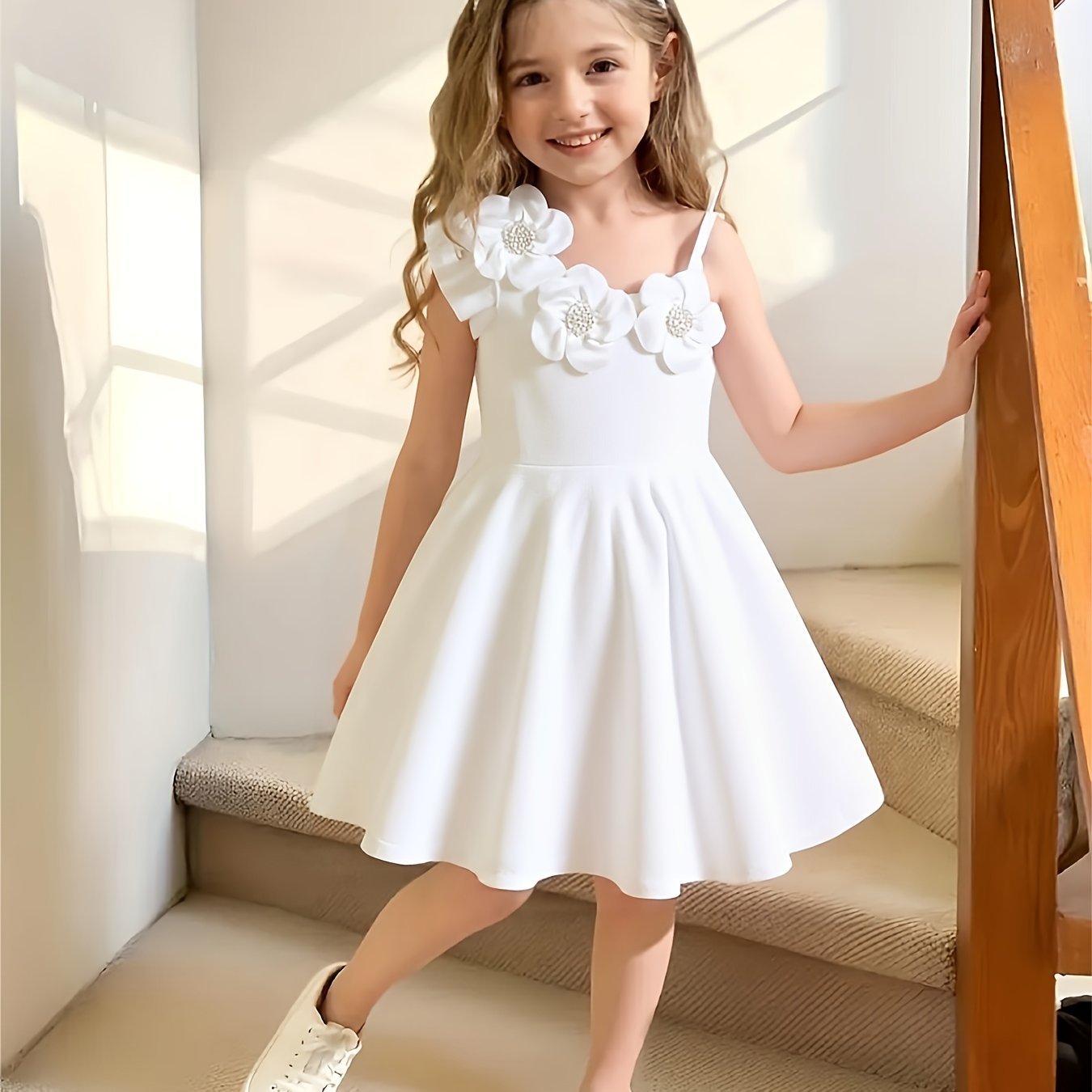 Spring And Summer Girls' White Princess Dress With 3d Flower Decor, Birthday Party Performance Gown