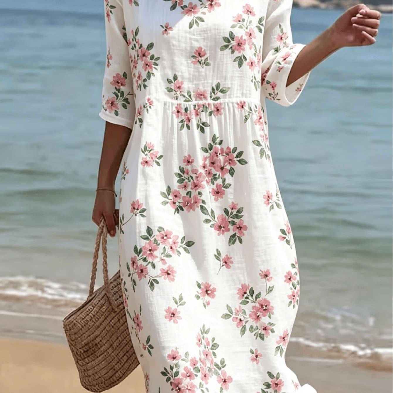 Image of Women's Pink Floral Print Midi Dress, Casual 3/4 Sleeve Crew Neck Fiber Fabric Dress, White With Pink Flowers, Loose Swing Casual Dress For Summer, Comfortable Beach Vacation Dress
