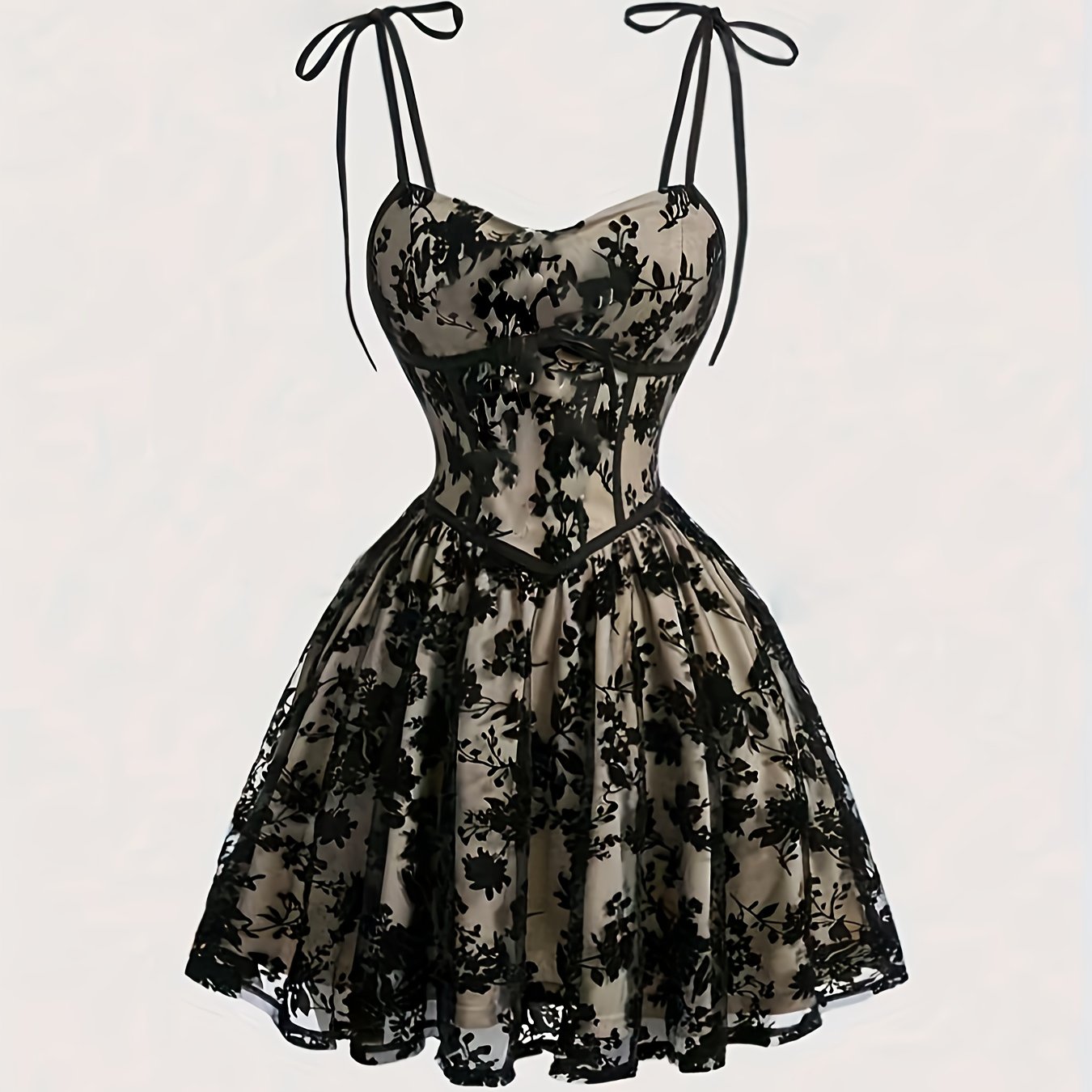 E-shop Damen Kleid mit beflocktem Mesh, Spaghettiträgern taillierter A-Linie