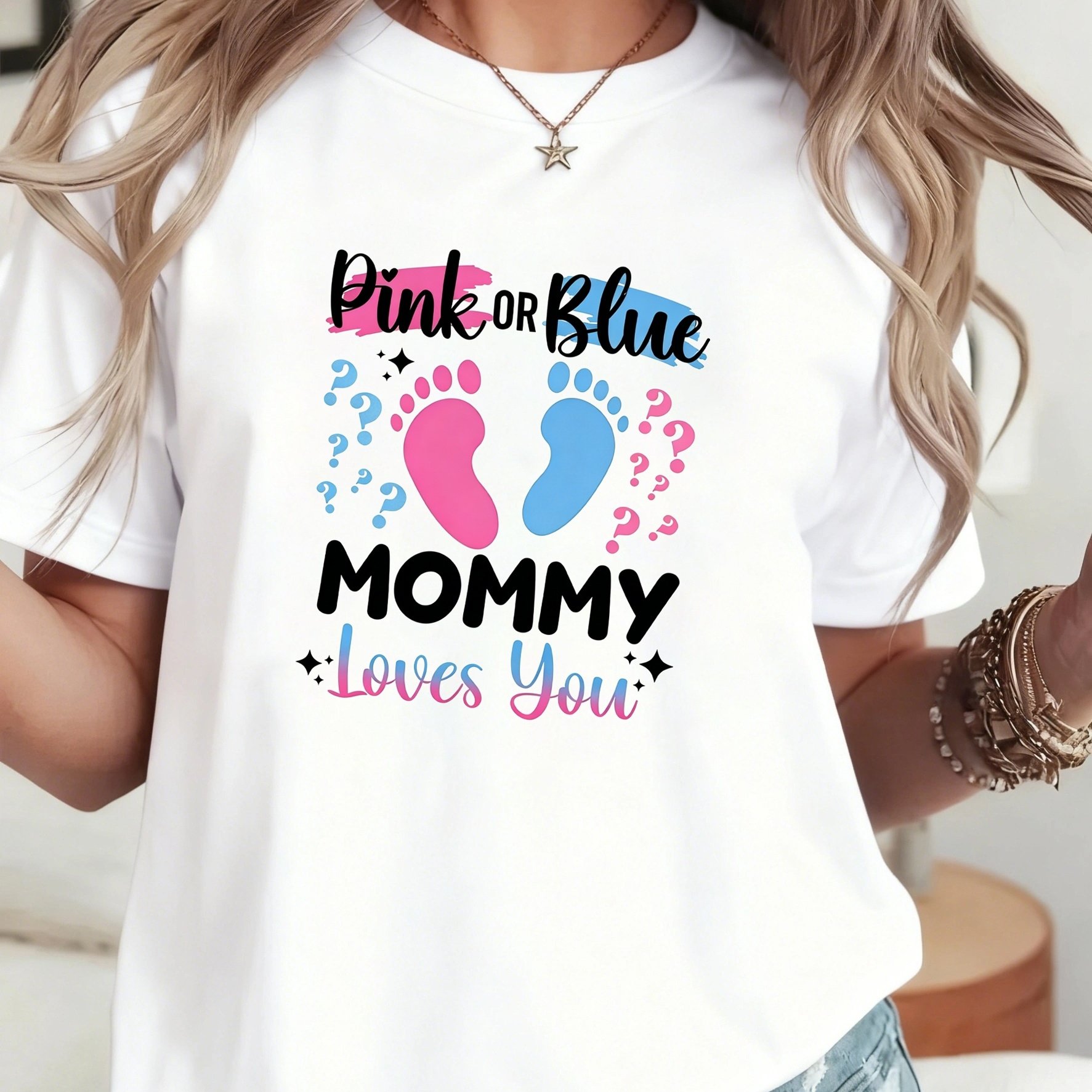 TEMU Women's Casual Round Neck Short Sleeve T-shirt, " Mommy You" Footprint Pattern, Gender Reveal Party Mom T-shirt, Daily Versatile Fashion Trendy