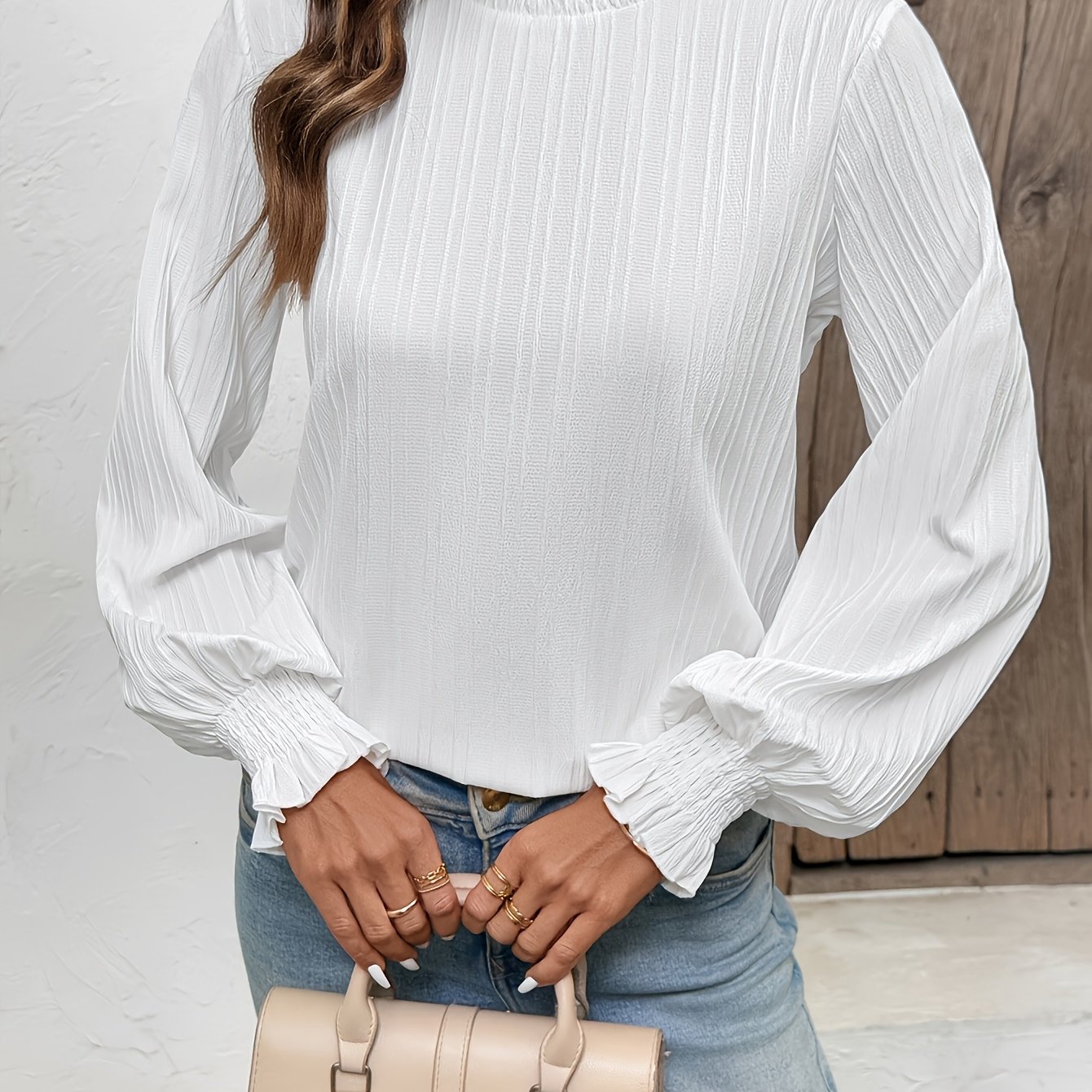 TEMU Romantic Solid-colored Ear Scarf Mid-high Neck Blouse, Pinstripe Textured Puff Sleeve Top, Vintage Cuff Women's Shirt