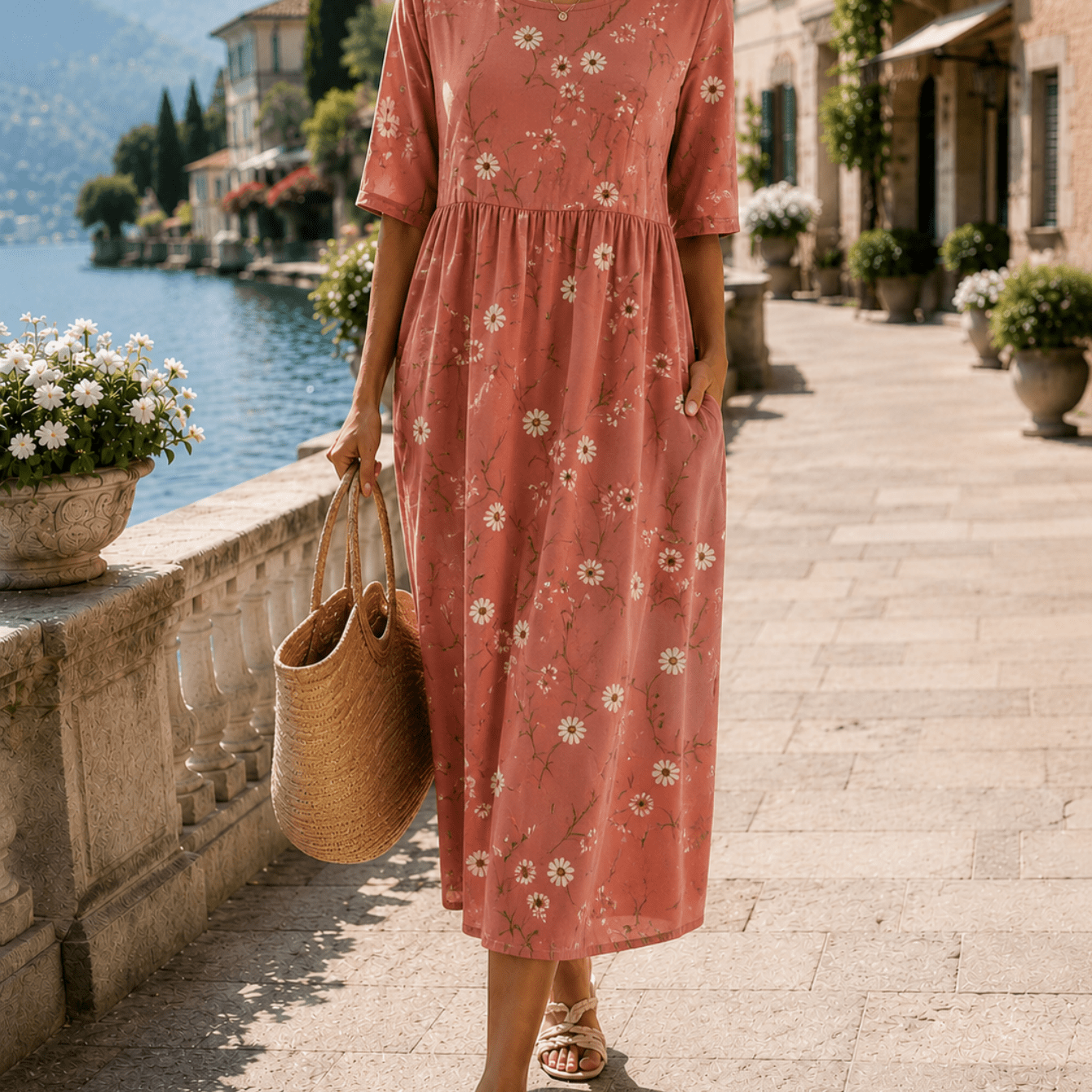 Women' Boho Vintage -line Swing Midi Dress - Oversized Babydoll Dress With Daisy Print, & Round Neck Half-sleeve | Lightweight Suitable For For - Casual Wear, Garden Parties, Lake Outfits