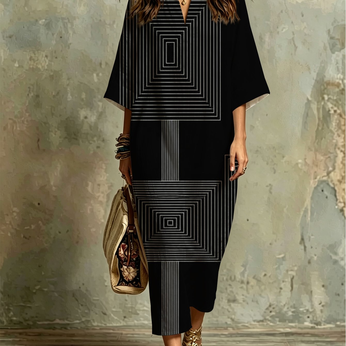 Image of Plus Size, Fashion Women's Kaftan Dress With Black And White Geometric Square Pattern, Abstract Linear Design, Comfortable, Breathable, Loose Fit, For Beach Vacation, Summer Party, Casual Daily Wear