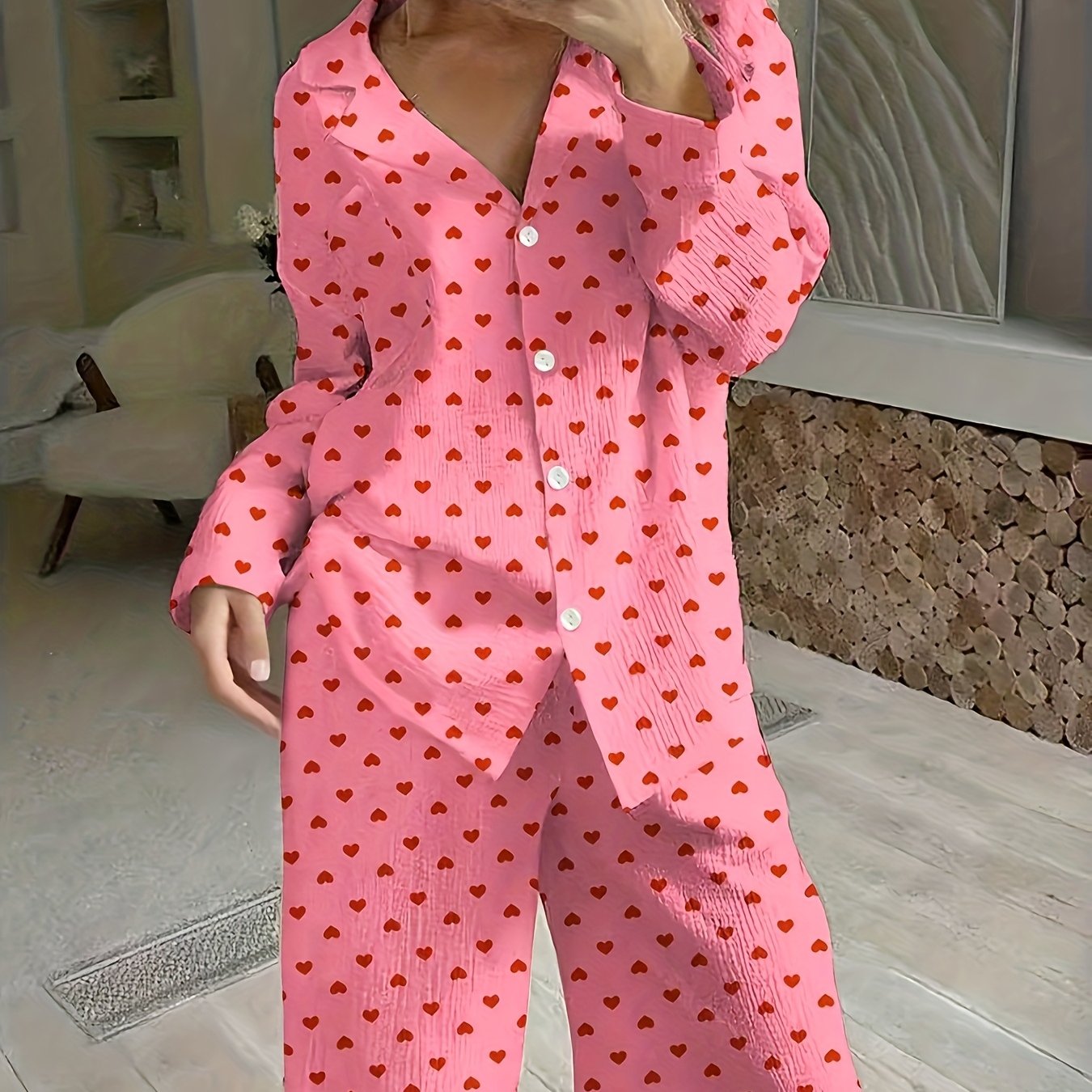 Women's Pajama Set With Print Long Sleeve Button-up Shirt And Pants Loungewear