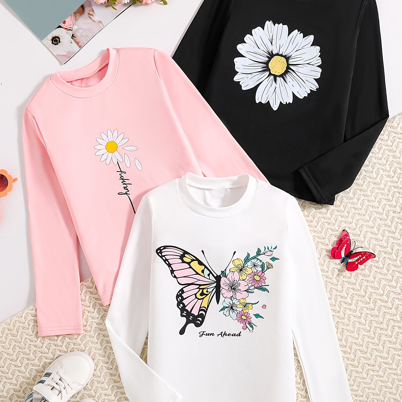 Image of 3-pc Girls' Fashion Long Sleeve T-shirts, Spring Autumn Clothing, Round Neck Pullover Base Layer Cute Outfit, Teenager Trendy Kids' Wear, White Dopamine Color Range, Pattern Sweet Style