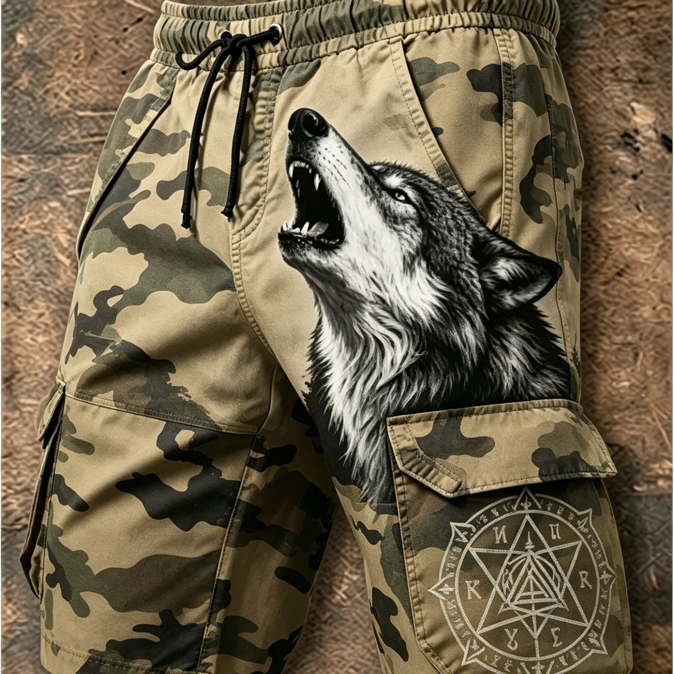 Single-piece Pants (no Belt) Not Denim Size Men's Summer Wolf Digital Printed Camo Cargo Shorts, Loose Drawstring Waist Inch Bottoms For Outdoor Street Daily Wear