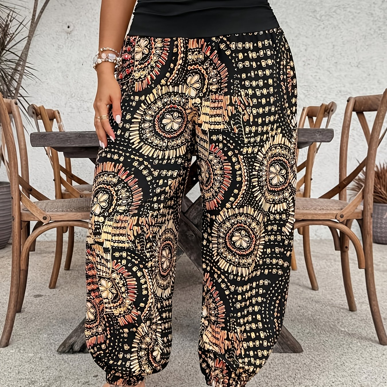 Image of Women's Bohemian Print Wide-leg Pants With Contrast Color Waistband, Casual Vacation Trousers Suitable For Office Commuting, Vacation Travel, Daily Wear, And