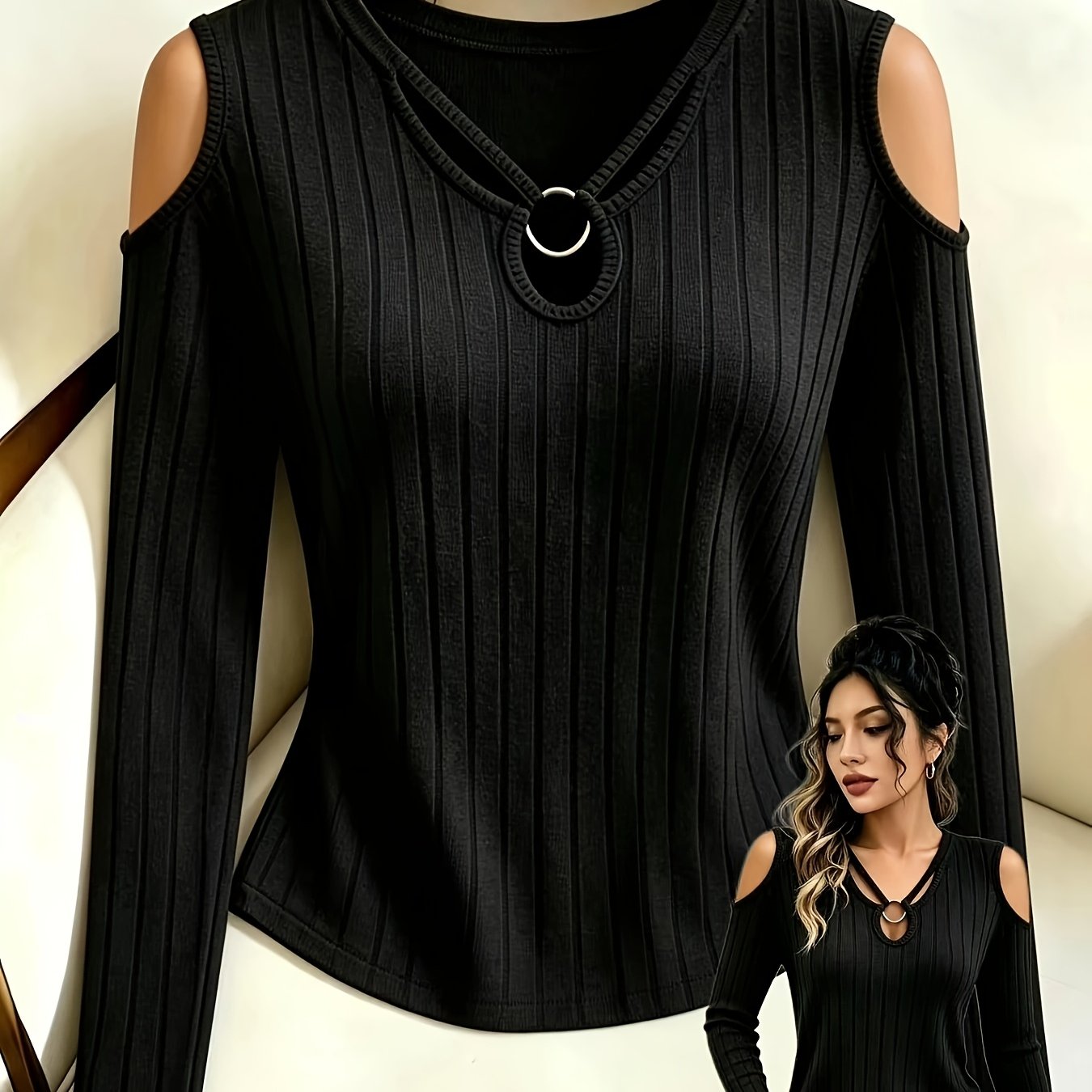 TEMU Haut T-shirt à manches longues rayé pour femmes, haut de printemps, sous-vêtement d'automne-hiver, haut à design avec métallique au col