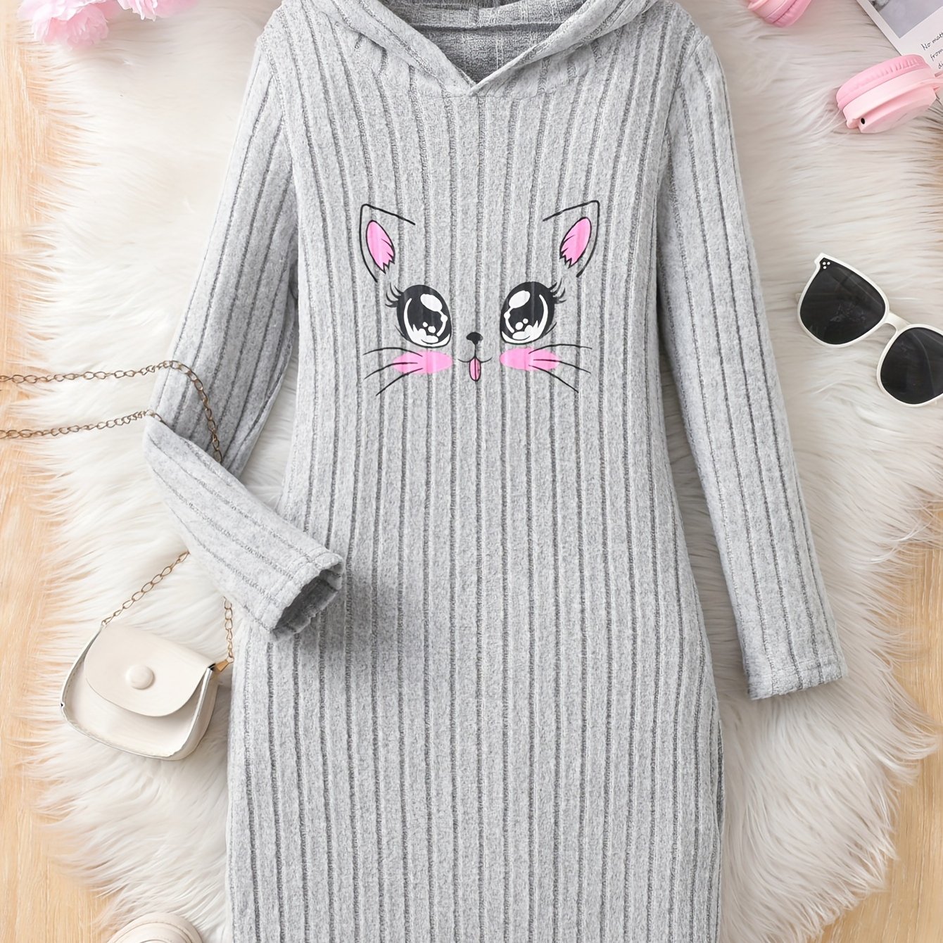 Image of Girls' Tweed Print Dress Cartoon Pattern Ribbed Knit Hoodie Right Suitable For Parties, Back-to-