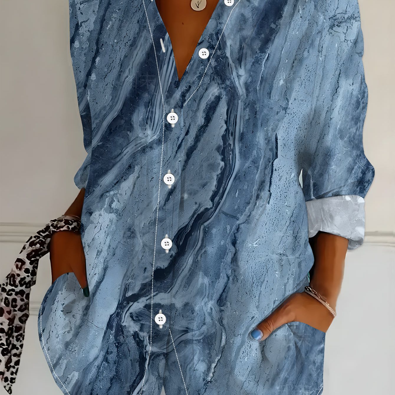 TEMU Plus Size Women's Long Sleeve Shirt, Ink Style Printed Blouse, Marble Texture Mid-length Women's Shirt, Blue-gray Tone Casual Shirt, Soft And