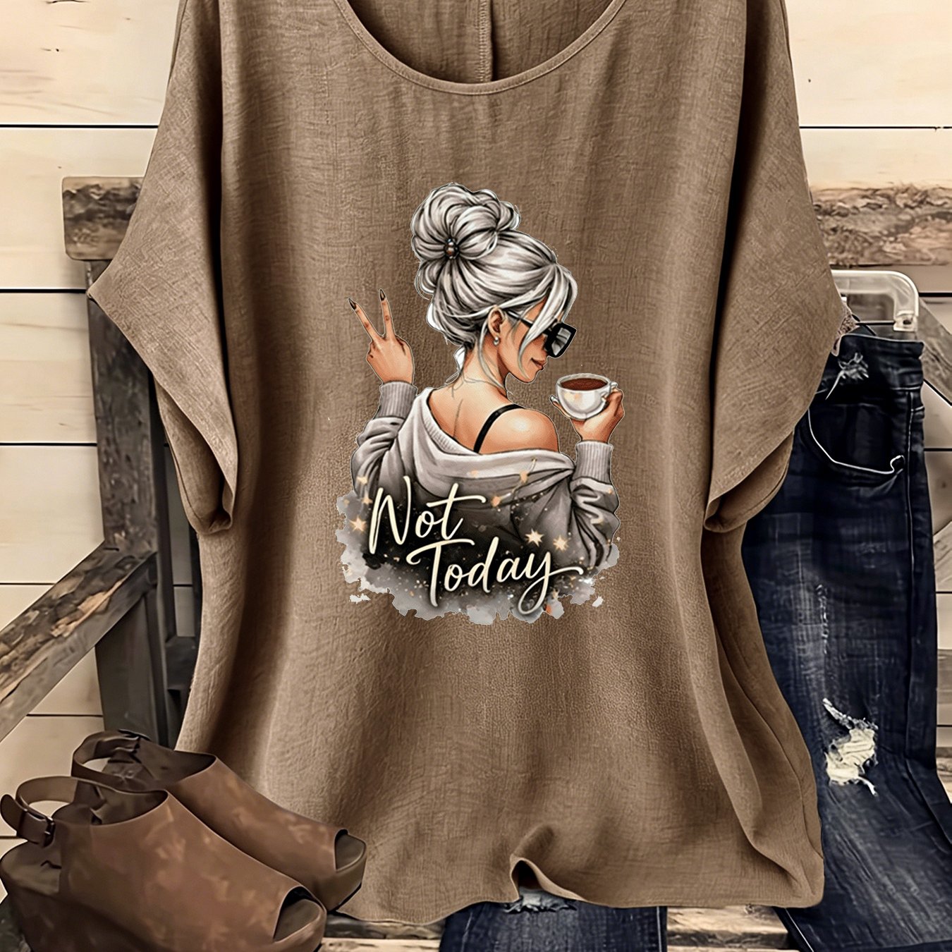 TEMU Western Style Easy Creative Printed Casual Round Neck Drop Shoulder Sleeve Shirt, Elegant Party Women's Wear, Spring Summer Autumn Winter Style,