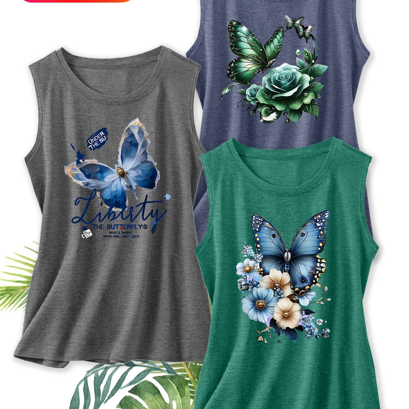 TEMU Three-piece Set Of Elegant Women's Vests In Blue , Green Rose, And Blue Floral Cluster Prints. Round-neck Vests Are Suitable For Spring And